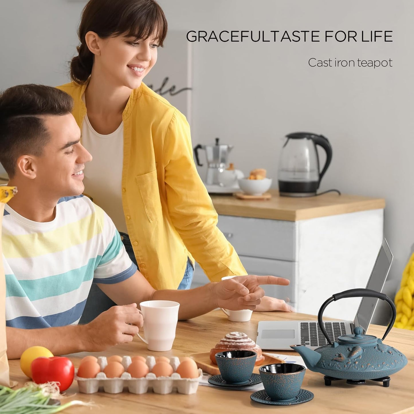 Cast Iron Teapot Set with 2 Tea Cups, 7Pcs Japanese Tea Kettle with Stainless Steel Infuser, Tea Pot Coated with Enameled Interior, Fish Pattern, 27oz 780ml Navy Blue