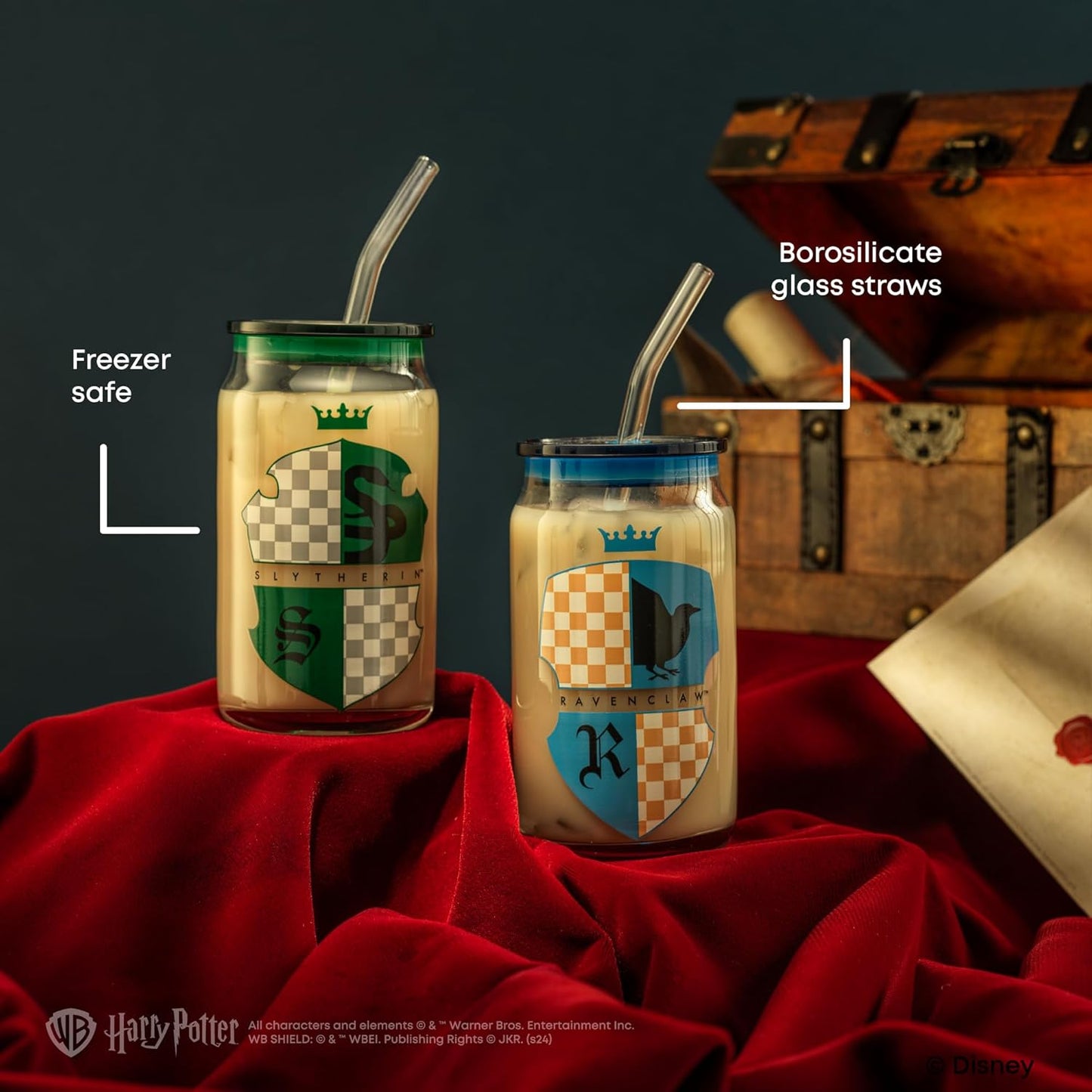 JoyJolt Harry Potter House Crests Glass Tumblers with Lids and Straws, 16oz Glass Cups with Lids and Straws, Can Shaped Drinking Glasses Set of 4, Hogwarts Cup, Harry Potter Merchandise