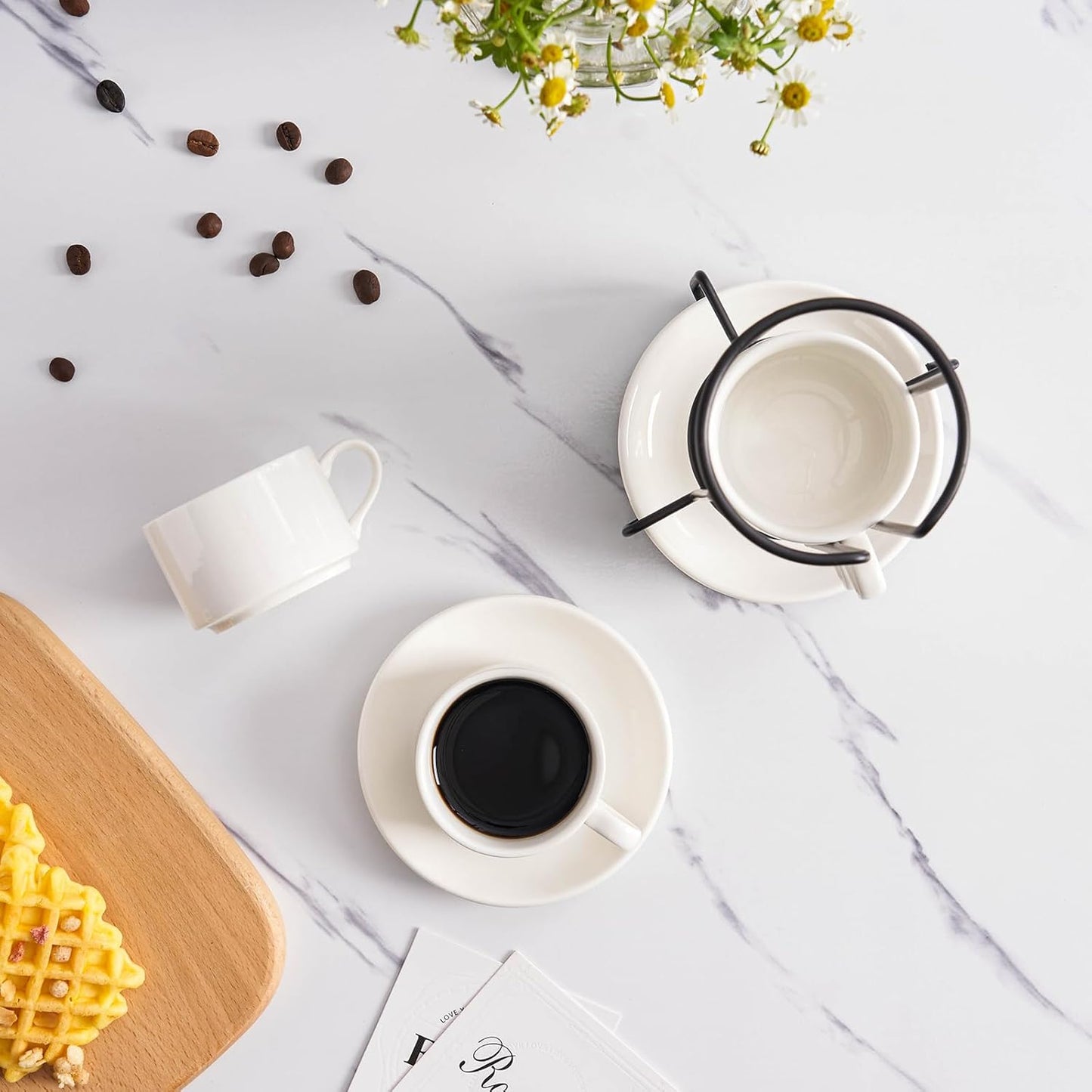 8oz Porcelain Stackable Cappuccino Cups with Saucers and Metal Stand Set of 4, Coffee Cups for Espresso, Specialty Coffee Drinks, Latte, Americano and Tea - White