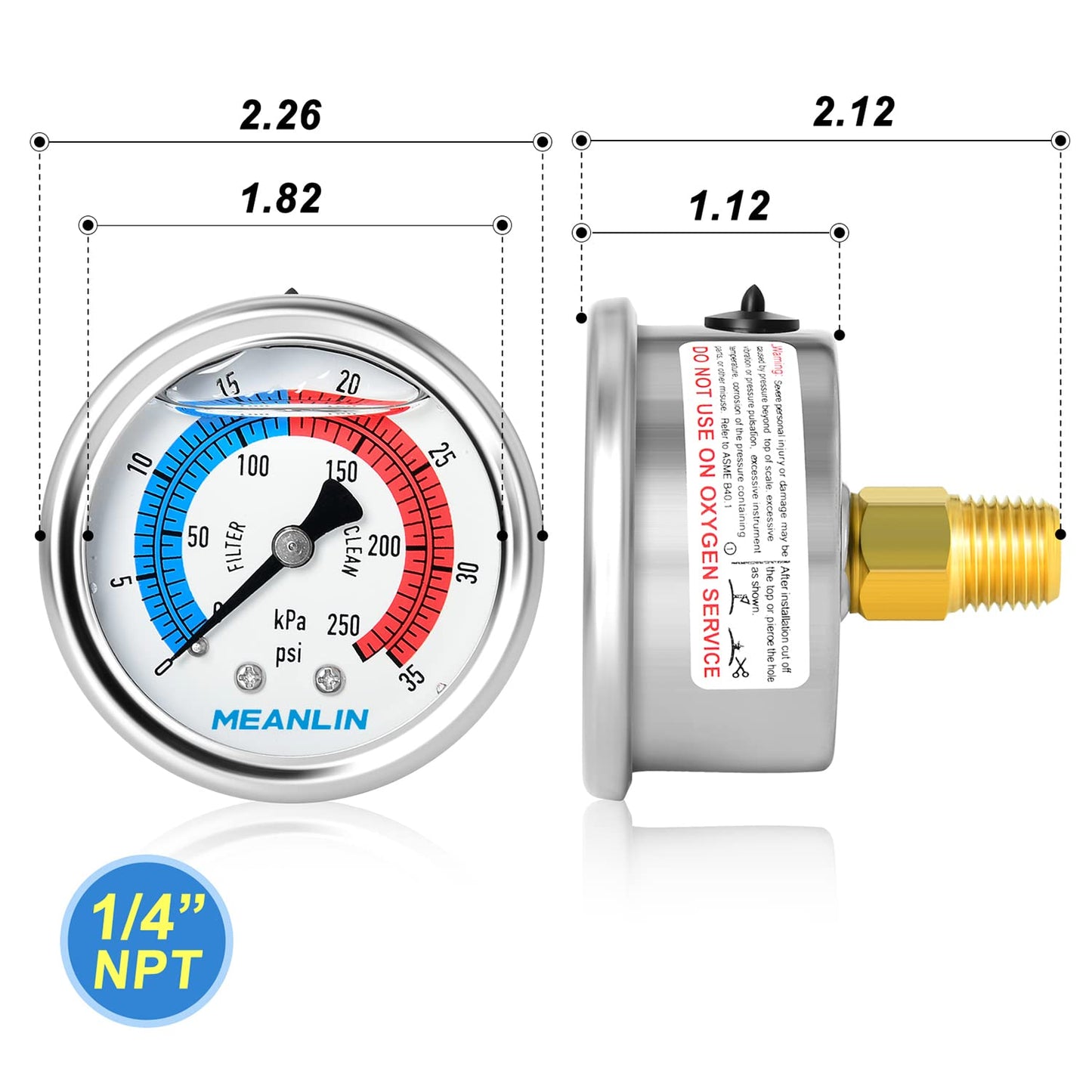 MEANLIN MEASURE 1/4" NPT 0-35psi Pressure Gauge, 2" Dial Glycerine Filled Pool Filter, 304 Stainless Steel Housing, Back Mount, with 1/2" NPT and 3/8" NPT Hex Bushing