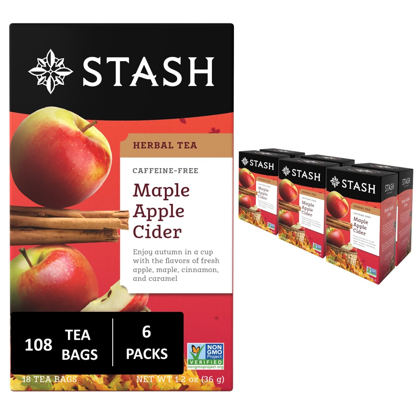 Stash Tea Maple Apple Cider Herbal Tea - Naturally Caffeine Free, Non-GMO Project Verified Premium Tea with No Artificial Ingredients, 18 Count (Pack of 6) - 108 Bags Total
