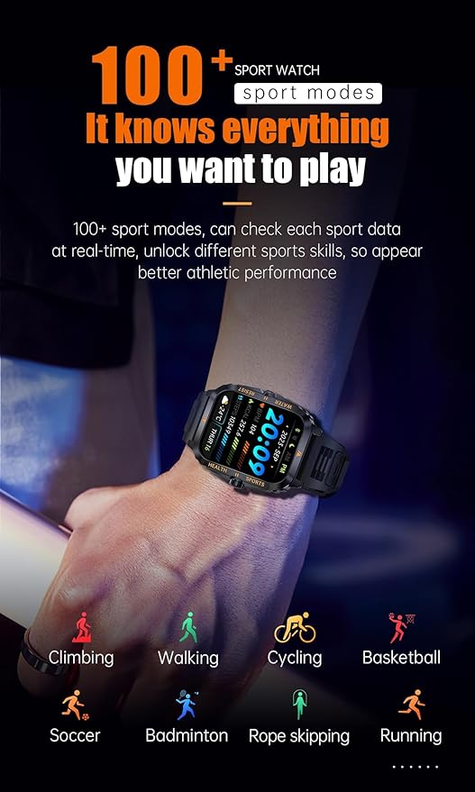 Smart Watch for Men, Outdoor 3ATM Waterproof, BT Make/Answer Call Function, 2" HD Large Screen Smartwatch for iPhone Android Phones, 100+ Sport Modes Fitness Tracker Heart Rate Sleep Monitor, Black