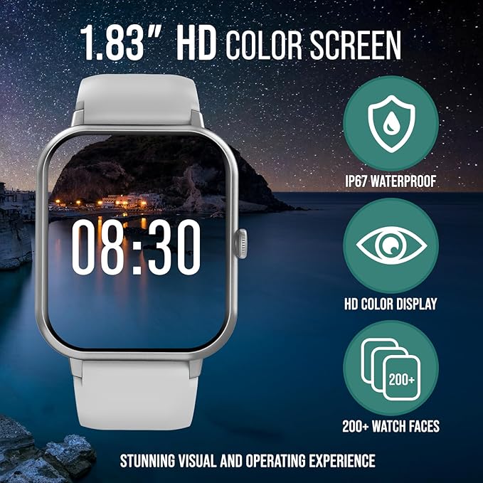 Smart Watch (Answer/Make Calls) 1.83" Fitness Tracker Heart Rate Blood Pressure Oxygen Sleep Monitor 200 Sport Modes Step Calories Trackers IP67 Waterproof Android iPhone Women Men (Silver)