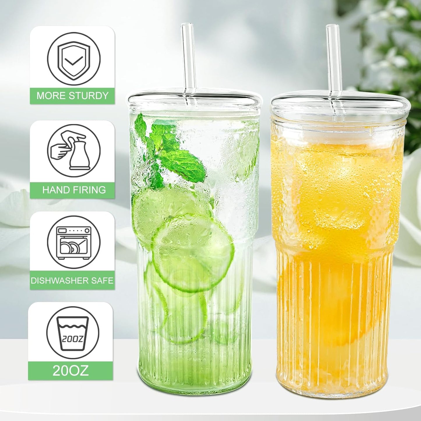 Glass Cups with Lids and Glass Straws, High Borosilicate 20OZ Tumblers (4Pcs) for Coffee, Tea, Juice, Smoothies, Hot/Cold Drinks at Home, Office