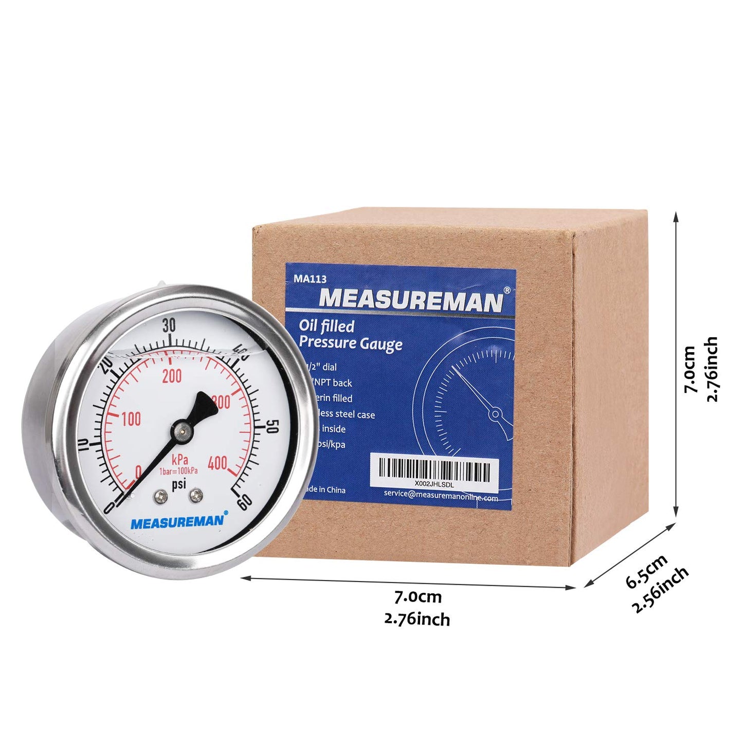 MEASUREMAN 2-1/2inch Dial Size, Liquid Filled Pressure Gauge, 0-60psi/400kpa, 304 Stainless Steel Case, 1/4inchNPT Back Mount
