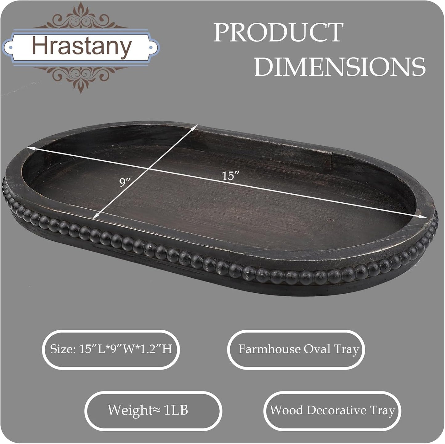 Vintage Black Oval Wood Decorative Ottoman Tray for Coffee Table Kitchen Counter, Living Room, Handcrafted Wooden Serving Tray for Table Centerpiece
