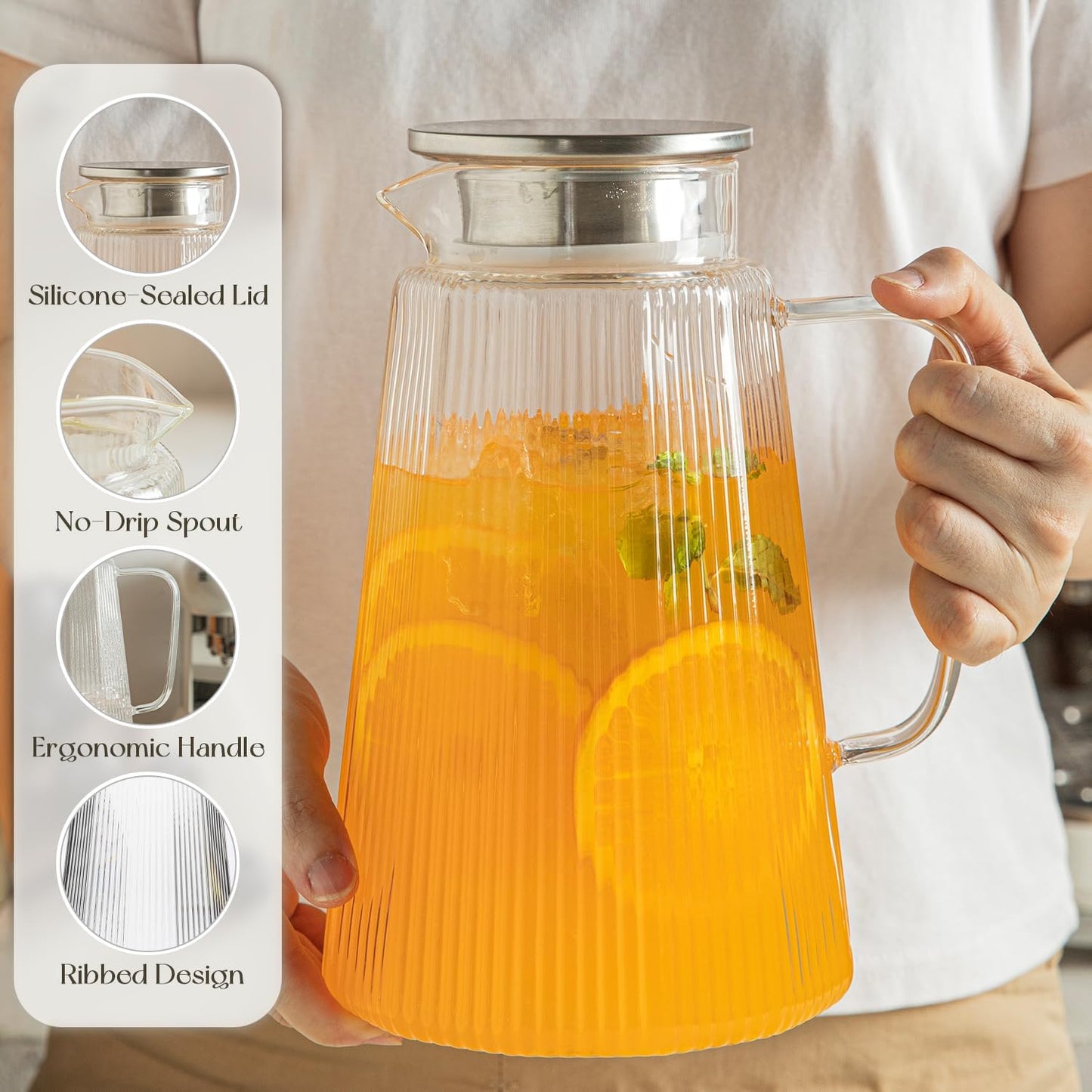 71oz Glass Pitcher with Lid, Ribbed Beverage Carafe for Hot & Cold Drinks, Water Jug with Handle for Juice, Tea, Milk, Iced Coffee – Heat Resistant Glass Serveware (1)
