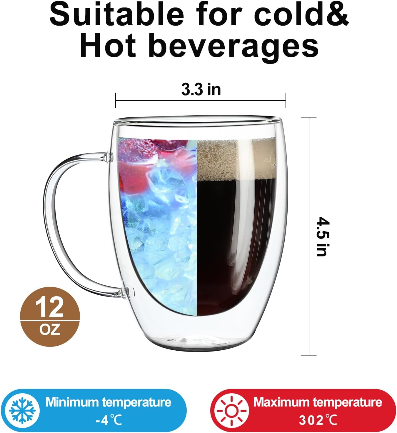 Aurzen 2 Pack Double Walled Glass Coffee Mugs with Handles, Large Insulated Layer Coffee Cups, 12oz Clear Borosilicate Mugs, Perfect for Cappuccino, Tea, Microwave Safe