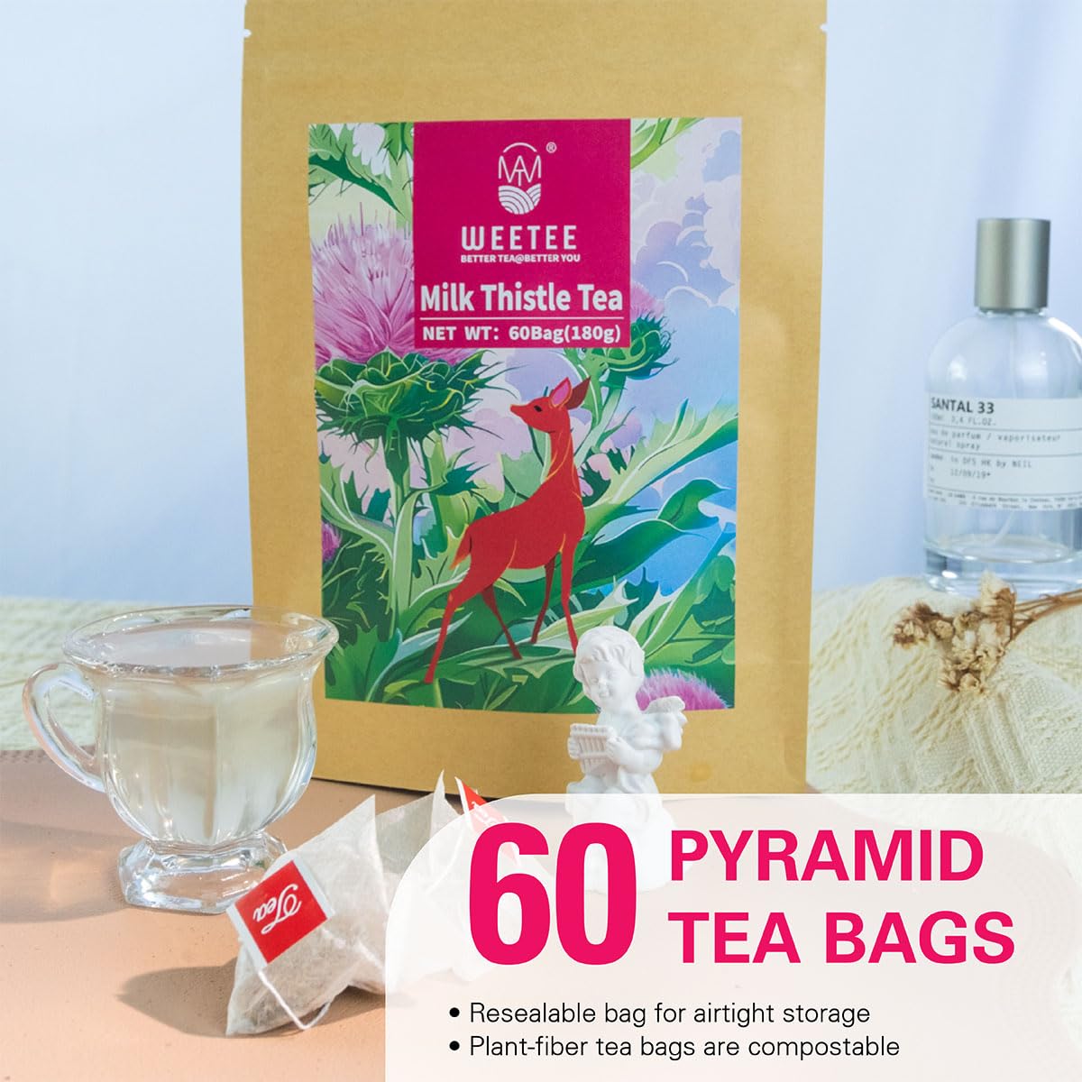 WT WEETEE Milk Thistle Tea Bags, Made with 100% Pure Milk Thistle Seeds, Natural Caffeine-free Herbal Tea Detox Tea 3g x 60 Counts