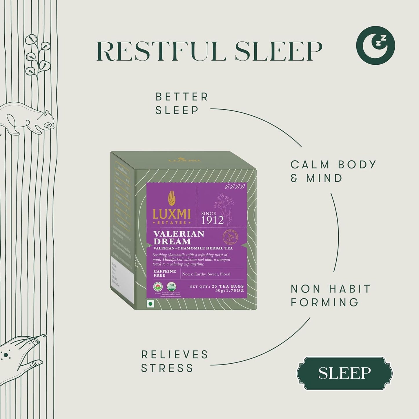 Luxmi Estates Valerian Dream Organic Valerian Root Tea (25 Tea Bags) Caffeine Free Tea Bags For Sleep, Relaxing, Calming, and Stress Relief, With Certified Organic Valerian Root Tea