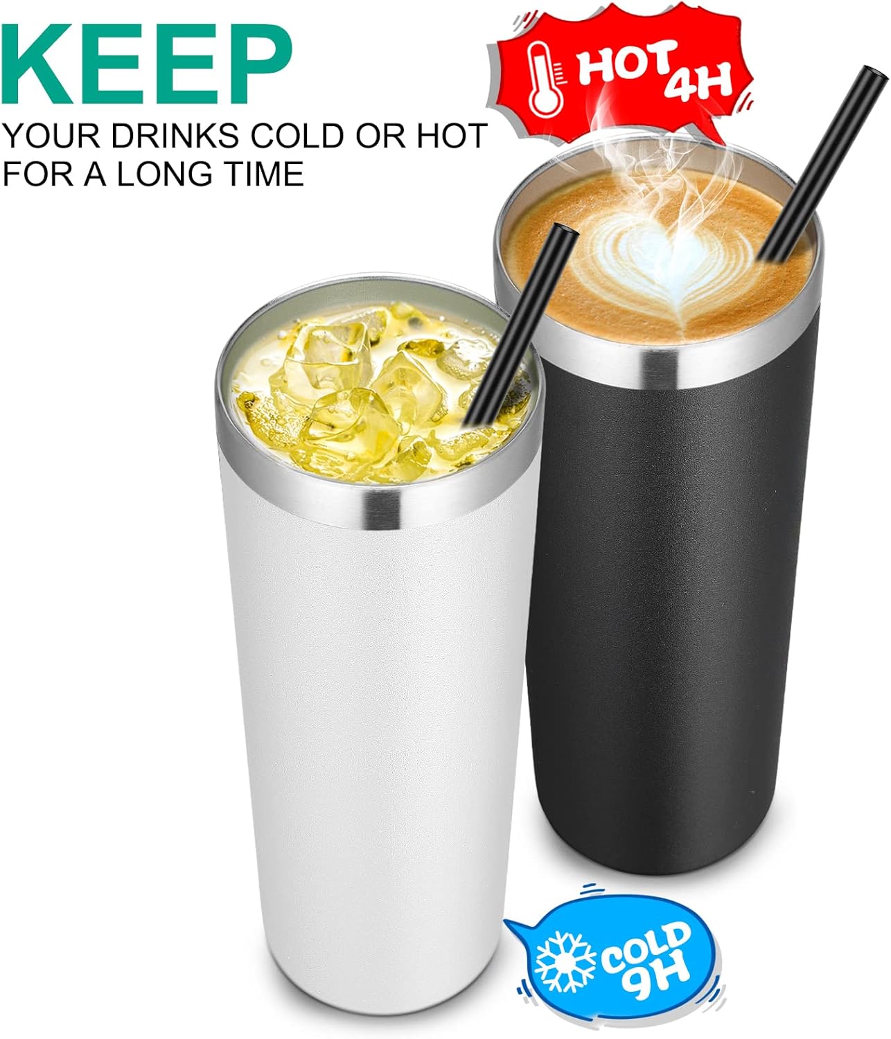 VEGOND Stainless Steel Tumblers Bulk 12 Pack, 20 oz Vacuum Insulated Skinny Tumblers with Lids and Straws, Double Wall Coffee Mug, Travel Water Cup, White