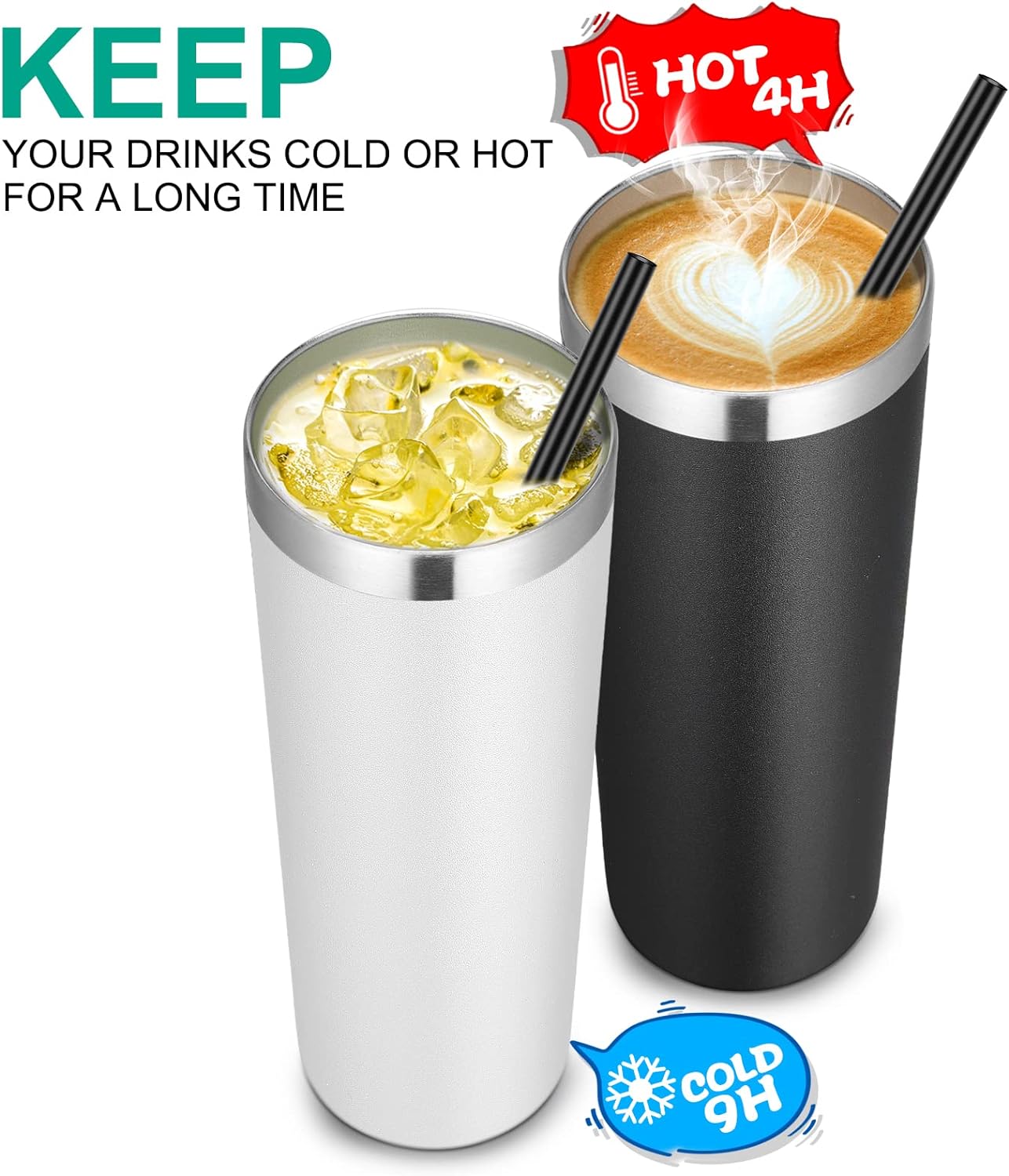 VEGOND Stainless Steel Tumblers Bulk 8 Pack, 20 oz Vacuum Insulated Skinny Tumblers with Lid and Straw, Double Wall Coffee Mug, Travel Water Cup, Black