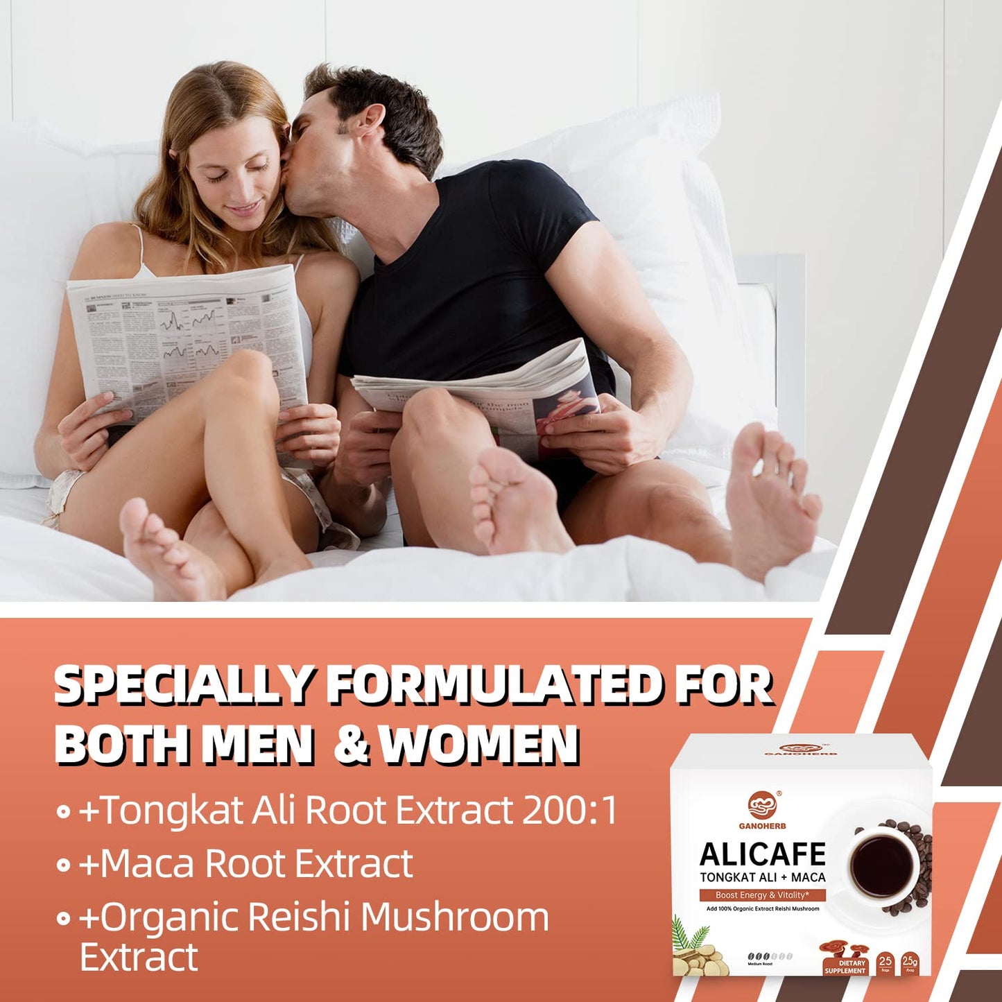 GANOHERB Maca Energy Coffee for Men, Women Herbal Coffee with Tongkat Ali, Maca Root, Reishi Mushroom Extract for Energy & Focus - 1 box (25 Packets)