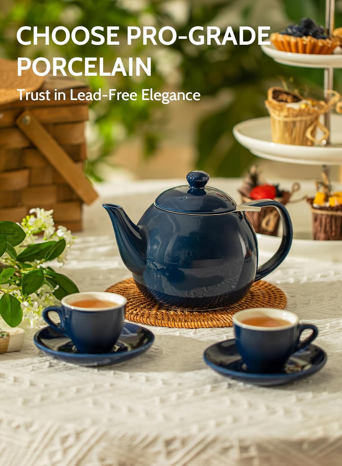 Sweese Teapot, Porcelain Tea Pot with Stainless Steel Infuser, Blooming & Loose Leaf Teapot - 27ounce, Navy