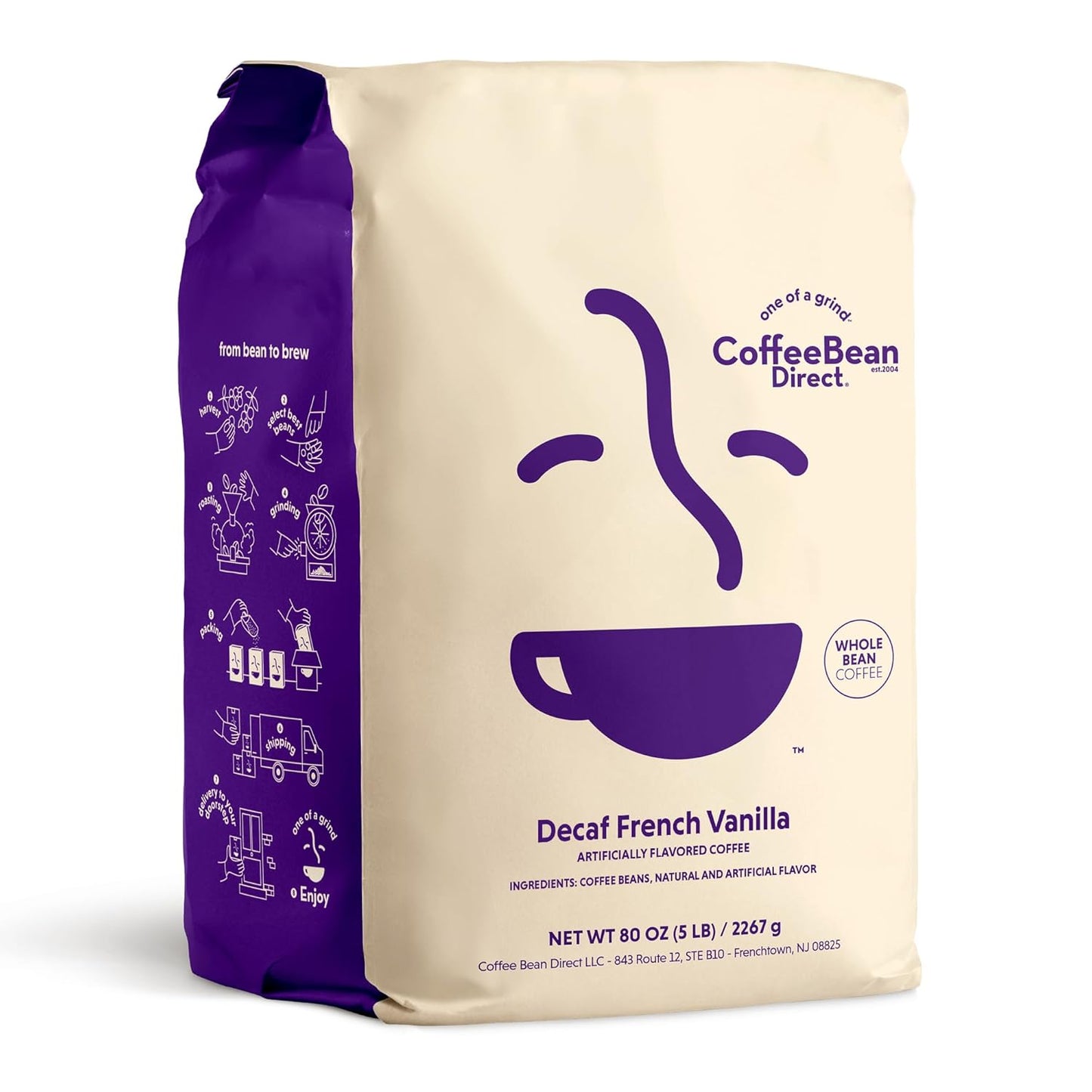 Coffee Bean Direct Decaf French Vanilla Flavored, Whole Bean Coffee, 5 Pound Bag (Pack of 1)