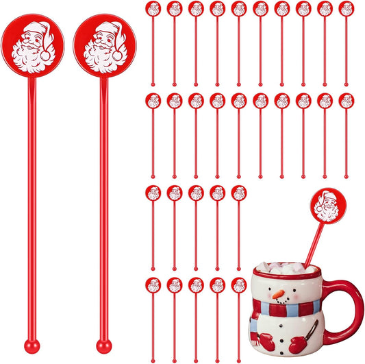 30 Pcs Christmas Drink Stirrers Xmas Stir Stick Holiday Coffee Swizzle Stick Reusable Plastic Hot Cocoa Bar Chocolate Decoration Cocktail Mixer(Santa Claus,Delicate Color)