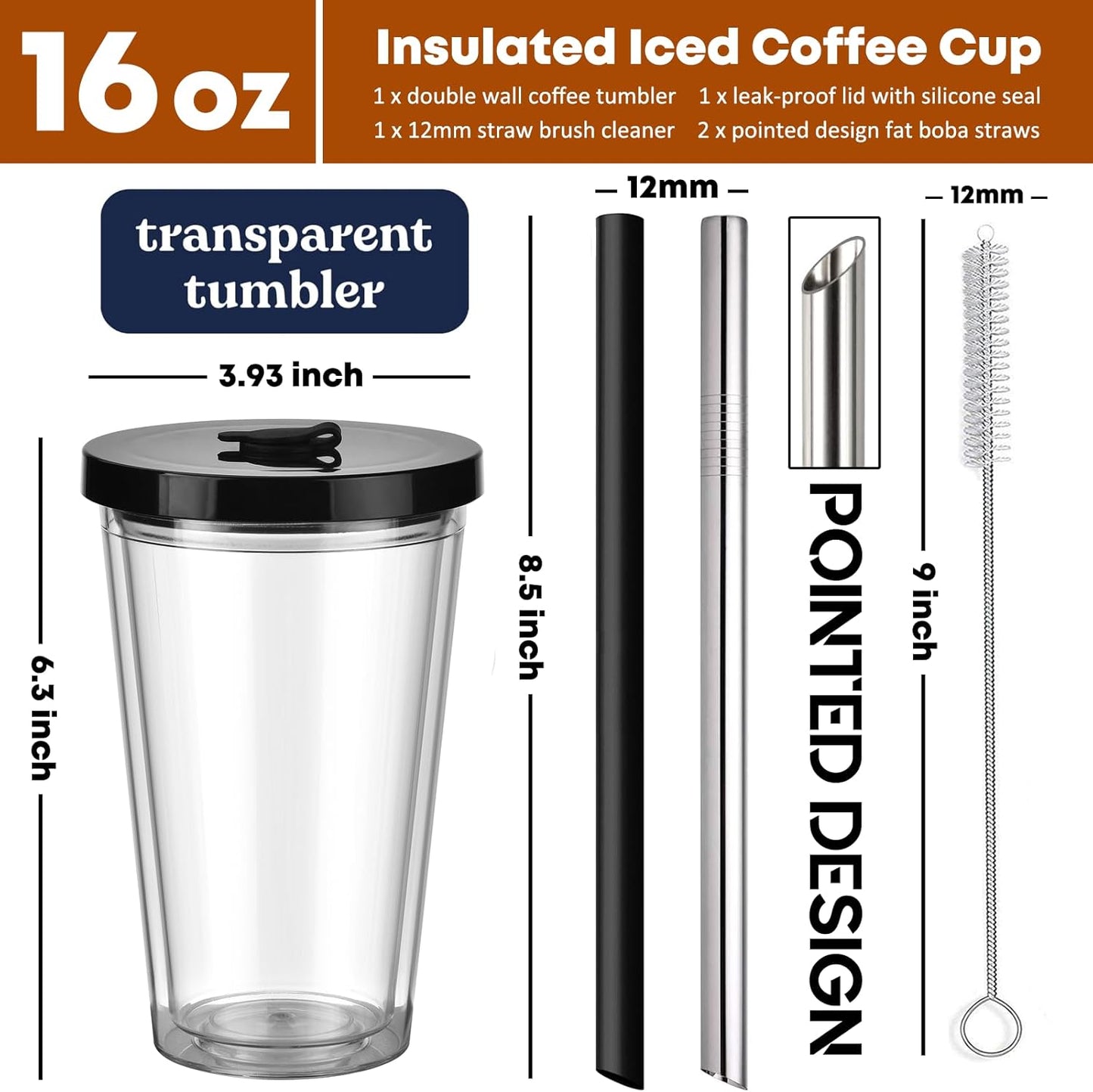 ALINK Reusable Iced Coffee Cup with Lid and Straw, 16 oz Grande Boba Tea Smoothie Cup, Leak Proof Double Wall Insulated Iced Coffee Tumbler for Hot Cold Drinks, Milkshaks, With 2 Boba Straws 1 Brush
