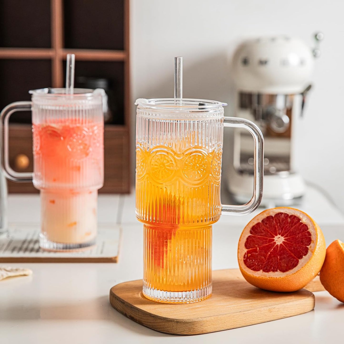 INSETLAN 26oz Ribbed & Floral Glass Tumblers with Handle and Lid, Set of 2 –Reusable Iced Coffee Cups with Straw, Glass Mugs for Water, Smoothies, Tea, and Juice – Ideal for Travel & Daily Use