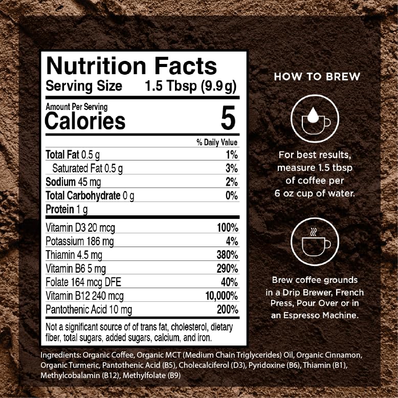 VitaCup Organic Genius Ground Keto Coffee, Increase Energy & Focus w/MCT Oil, Turmeric, B Vitamins, D3, USDA Organic Ground Coffee Medium Dark Roast, Bold & Smooth, 100% Arabica Coffee Grounds, 10 oz