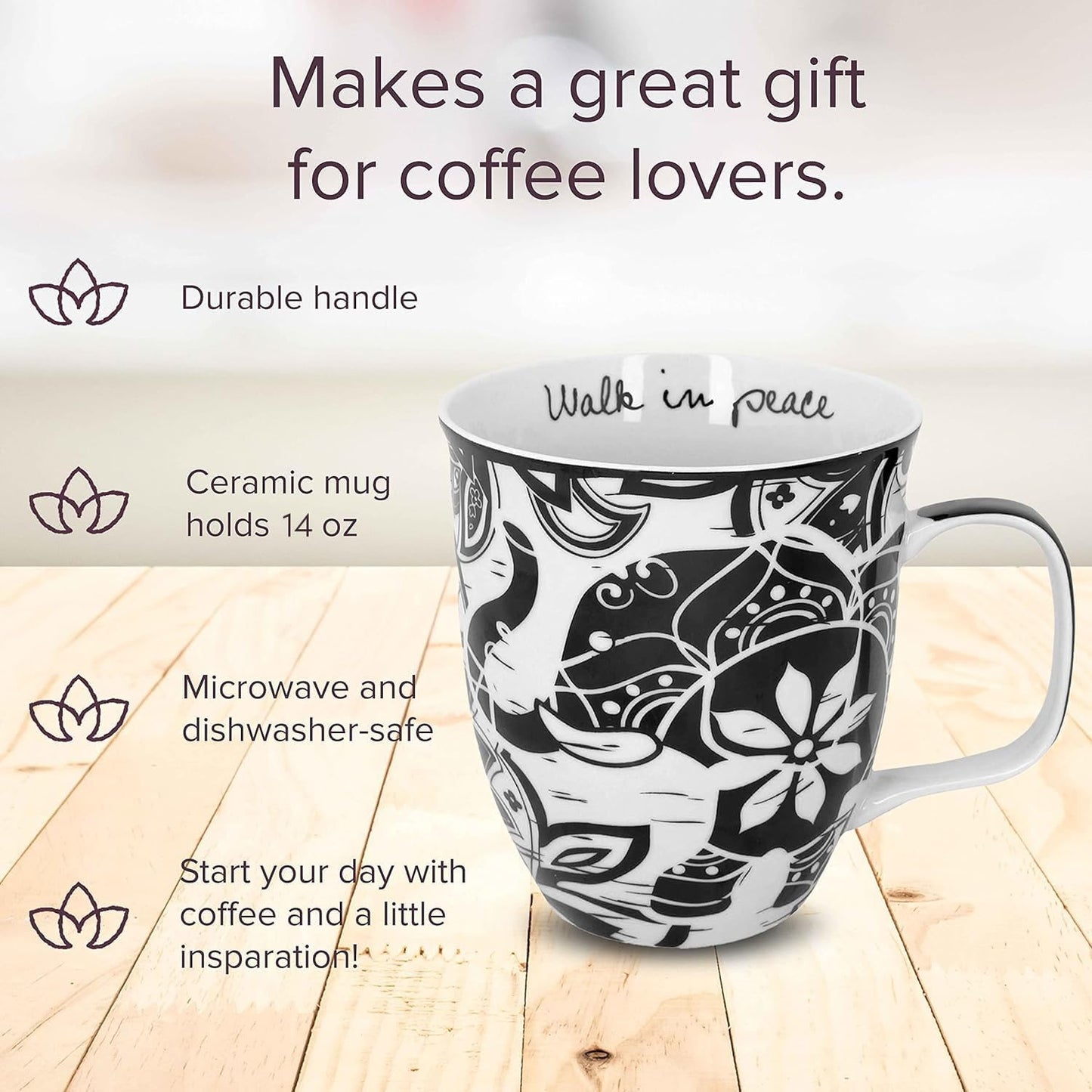Karma Gifts 14 oz Black and White Boho Mug Western - Cute Coffee and Tea Mug - Ceramic Coffee Mugs for Women and Men