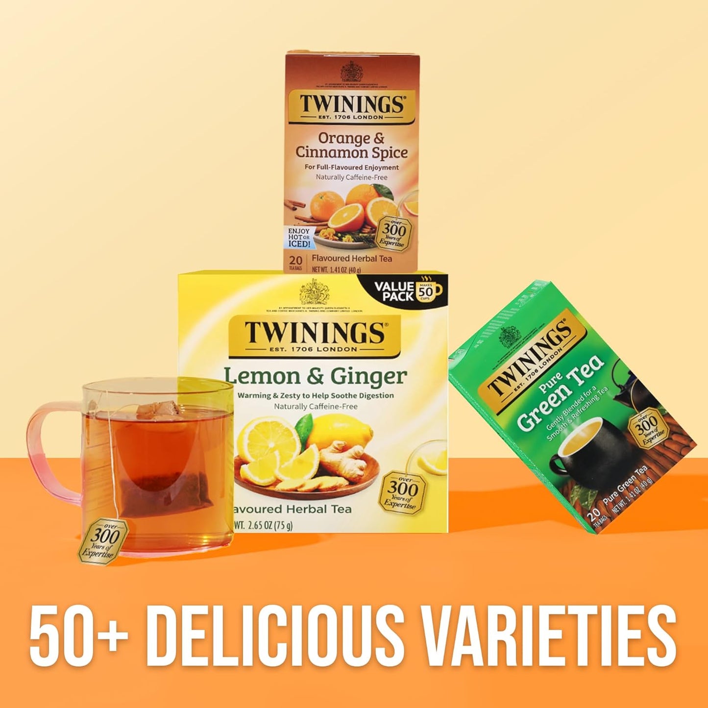 Twinings Orange & Cinnamon Spice Herbal Tea Individually Wrapped Bags, 20 Count (Pack of 6), Naturally Caffeine-Free, Enjoy Hot or Iced, 120 Teabags