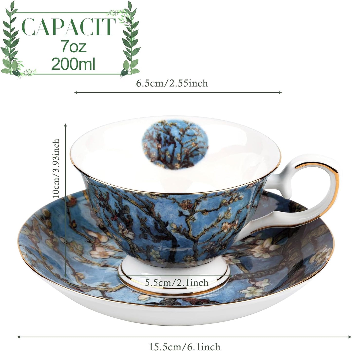 Floral Tea Cups Saucers Set of 2, Van Gogh Paintings Bone China 7 oz British Teacups Porcelain Coffee Cup for Rose Tea Cappuccino Espresso Latte (Apricot & Peach Blossom)