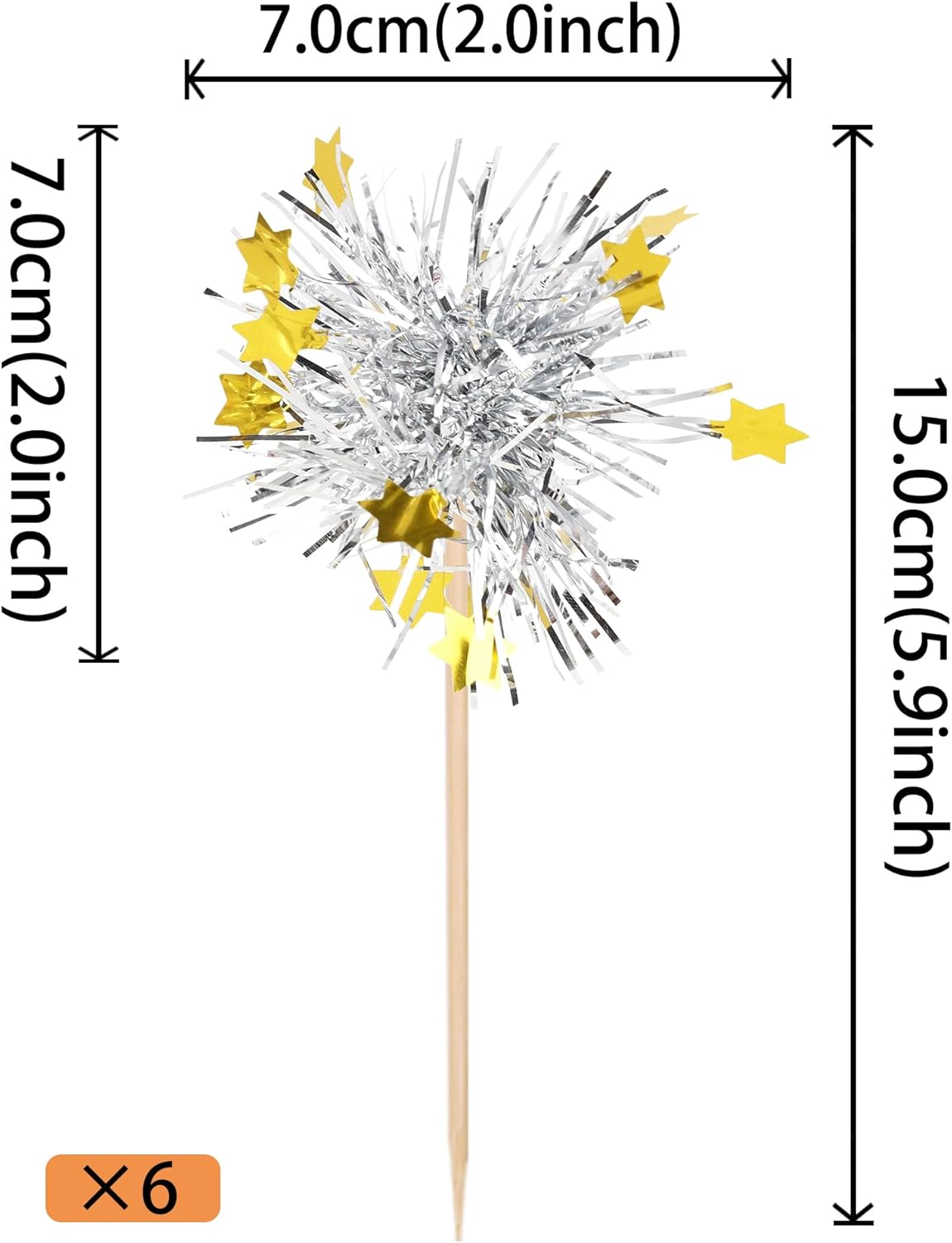 30 PCS Foil Firework Cupcake Toppers Happy Birthday Star Cupcake Picks Sparkle Tinsel Drink Stirrers Cocktail Fruit Toothpicks for Valentine's Day Wedding Birthday Party Decorations Supplies Silver