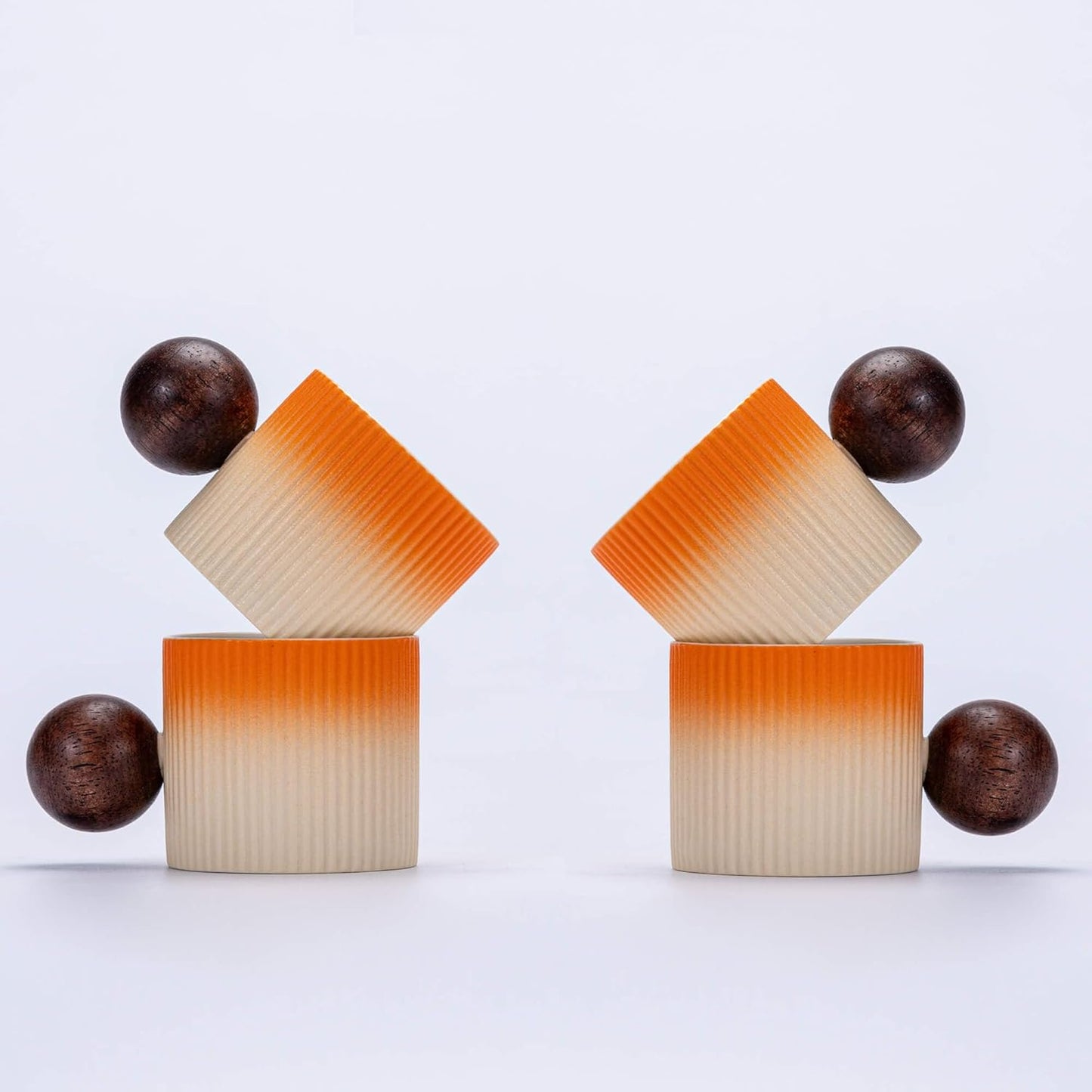 Ceramic Mini Espresso Cups Demitasse Cups with Round Wooden Handle Vertical Stripes Tea Cups (Beige&Orange, 4pcs)