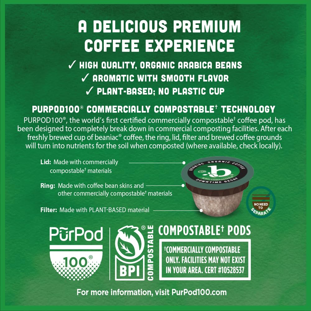 beaniac Organic Downtime Decaf Swiss Water Decaffeinated, Medium Roast, Single Serve Compostable K Cup Coffee Pods, Organic Arabica Coffee, Keurig Brewer Compatible, 30 Count