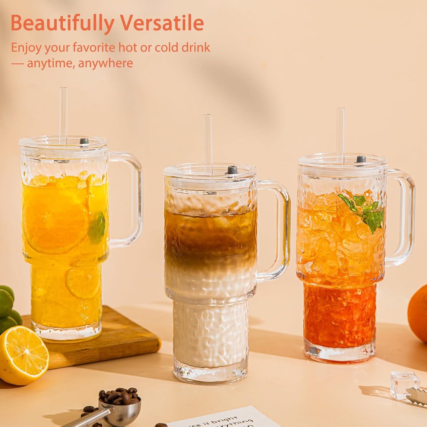 26oz Water Ripple Glass Tumbler with Handle & Lid, Reusable Iced Coffee Cups with Straws – Set of 2, Glass Cups for Smoothies, Juice, Coffee, Tea – Travel Mugs for Daily Use and To-Go