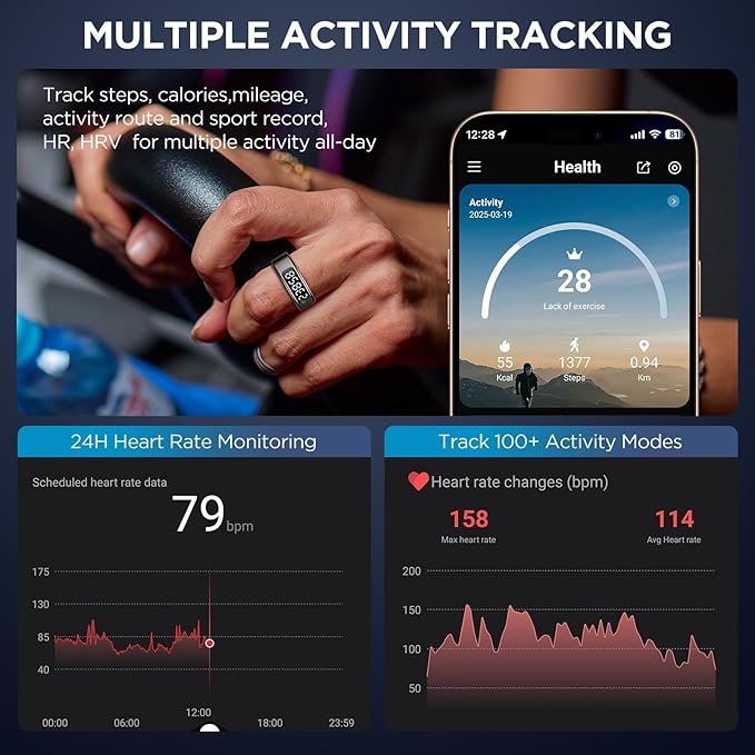 Smart Rings for Men with Display Screen, Fitness Ring with Wireless Charging, Sleep Tracker Ring with Heart Rate, Health Rings for Activity Monitoring/Steps/Calories, for iOS Android (Black,9#)