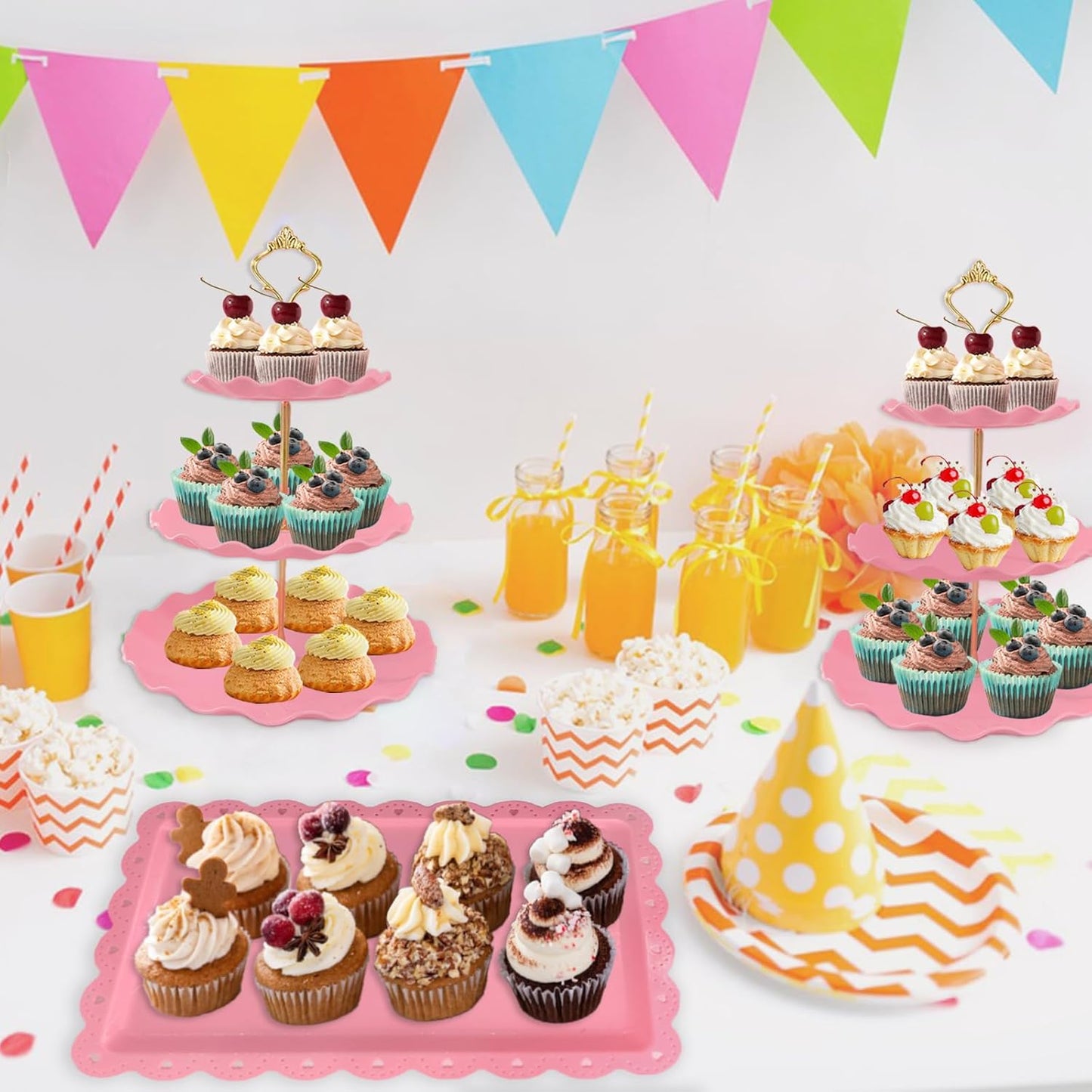 5 Pcs Dessert Table Display Set, Pink Plastic 2 Pcs Round 3 Tier Cupcake Stand Cup Cake Tower Stand with Metal Rod & 3 Pcs Serving Tray for Baby Shower, Tea Party, Wedding, Birthday Party