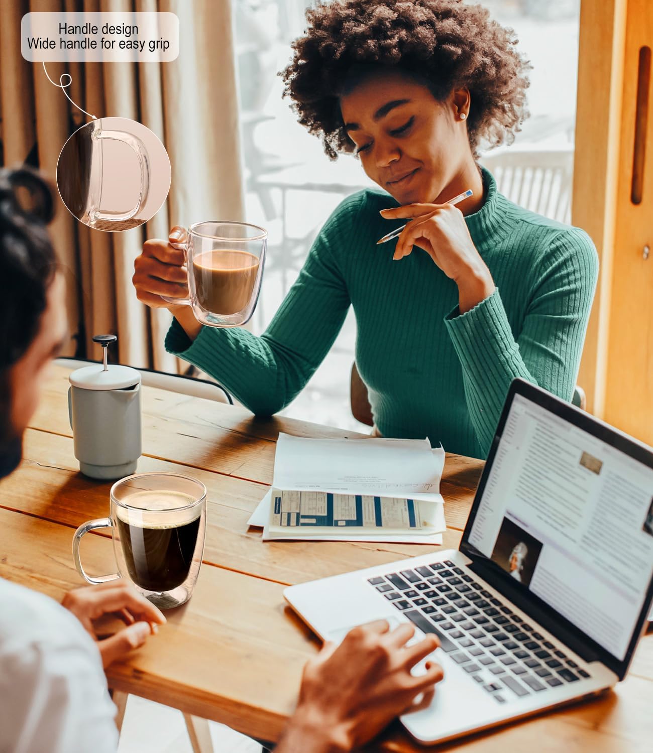 OJA Double Walled Glass Coffee Mugs 12.5oz Hand Blown Clear Coffee Cups Set of 4, Heat Resistant for Cappuccino, Tea, Latte, Espresso, Americano Insulated Borosilicate Glass with Handle