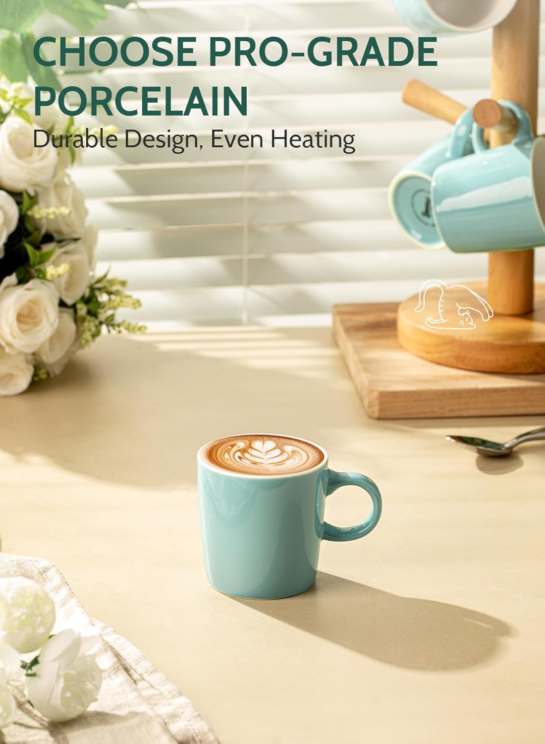 Sweese 3.5oz Porcelain Espresso Cups Set of 4, Mini Coffee Mugs Demitasse Cups - Turquoise