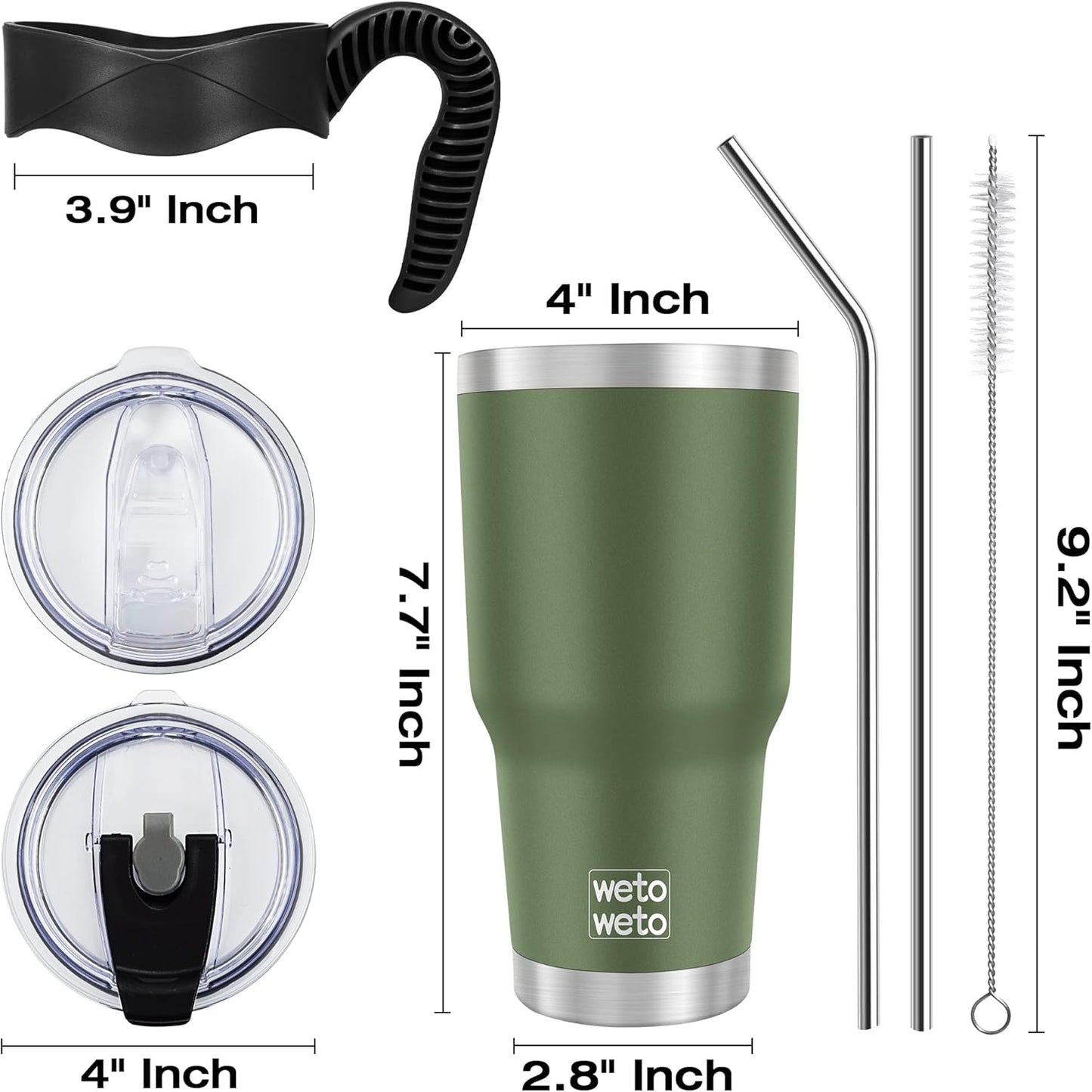 WETOWETO 30oz Stainless Steel Tumbler, Insulated Coffee Tumbler Cup with 2 Lids and 2 Straws, Double Walled Travel Coffee Mug for Hot & Cold Drinks (Army Green, 1 Pack)