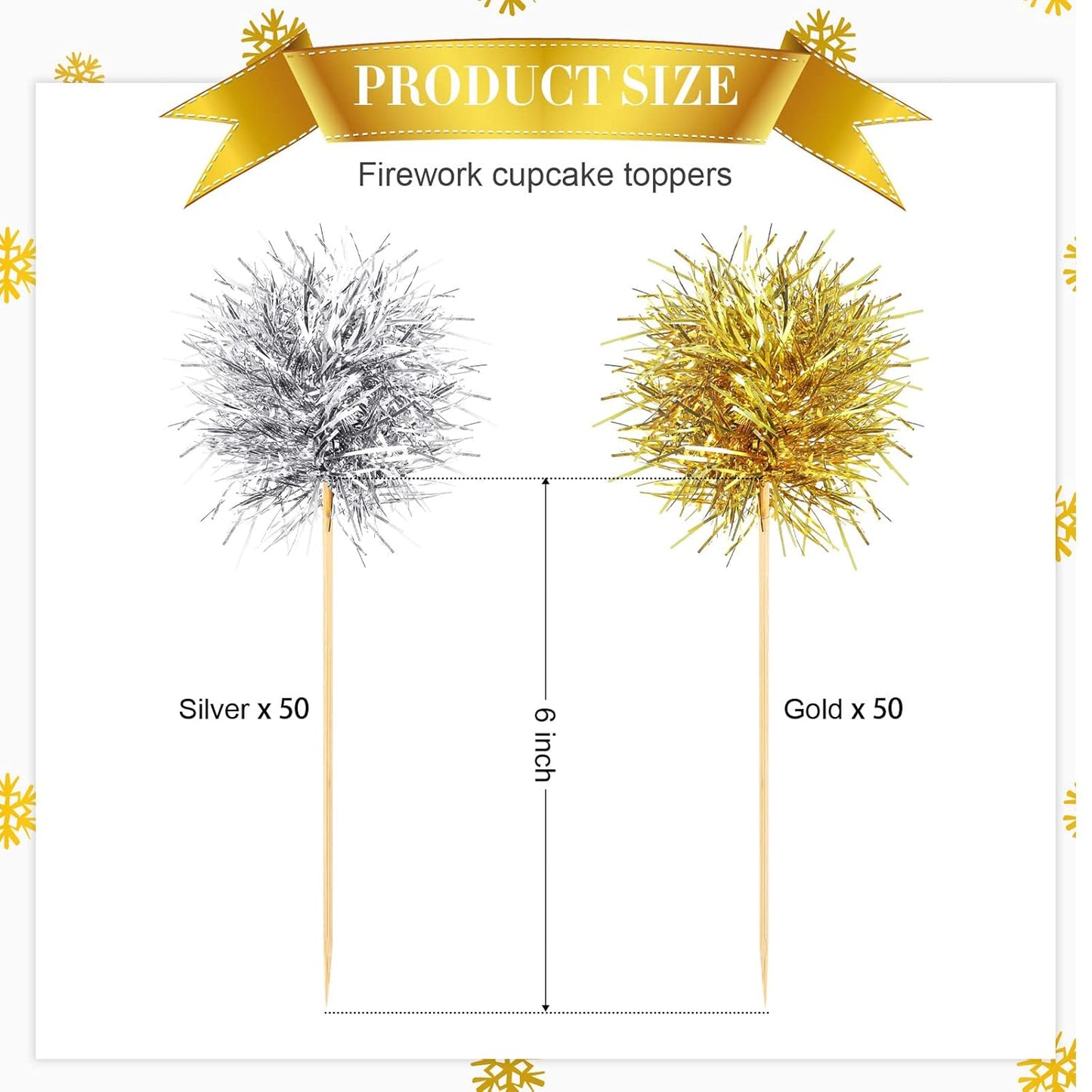 Chinco 100 Pcs Foil Firework Cupcake Toppers Sparkle Tinsel Cake Toppers Cake Decoration Cocktail Fruit Toothpick for Birthday Wedding Graduation Party(Gold, Silver)