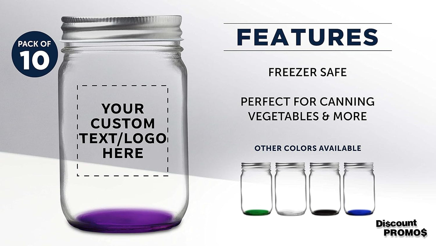 DISCOUNT PROMOS 10 Decorating Mason Jars Set, 12 oz. - Customizable Text, Logo - Canning, Aluminum Lid - Purple