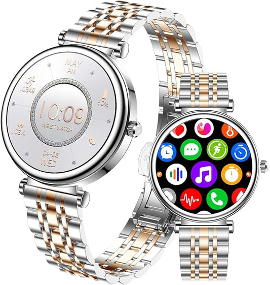 Smart Watch for Women 1.27" Color Screen Waterproof Fitness Activity Tracker Rose Gold Women's Smart Watch with Heart Rate Sleep Monitor for Android and iOS (Two-Tone Silver Steel RT-i109)