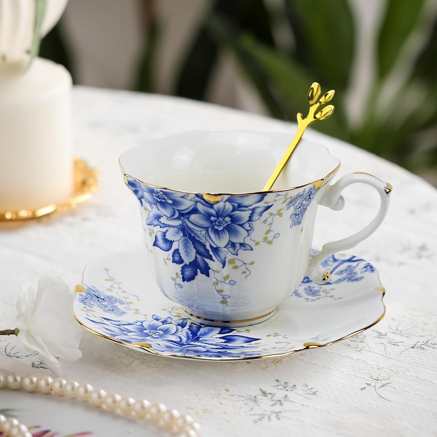 TATSUMI Country Roses Bone China Tea Cup and Saucer Set, 3 Pieces, Vintage Style, For Women and Tea Parties(Rose Blue,1 Set)