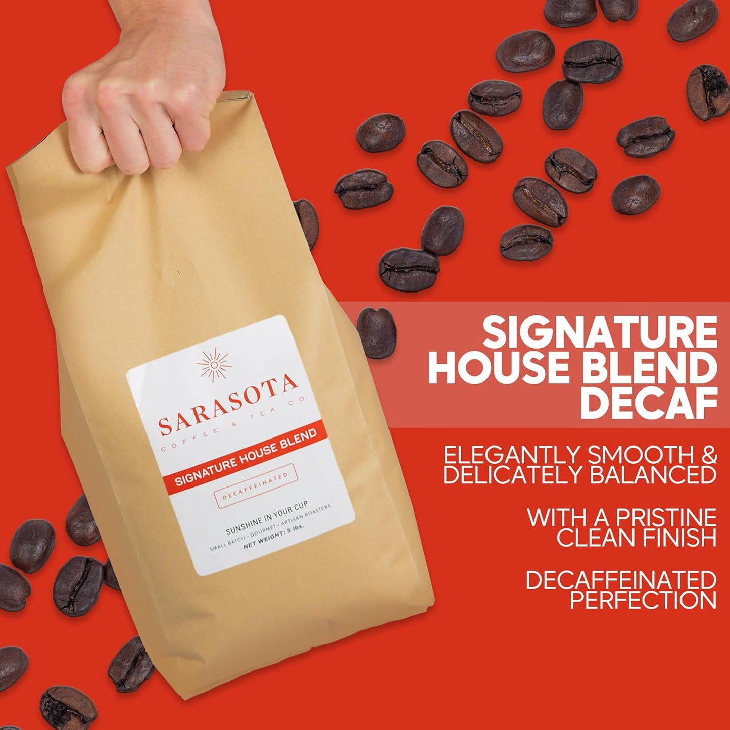 Sarasota Coffee Whole Bean Decaf | Dark Roast Gourmet Decaffeinated Coffee Beans | Low Acid, Mold Free, Specialty Grade Bulk Beans | 5lb (80 oz)