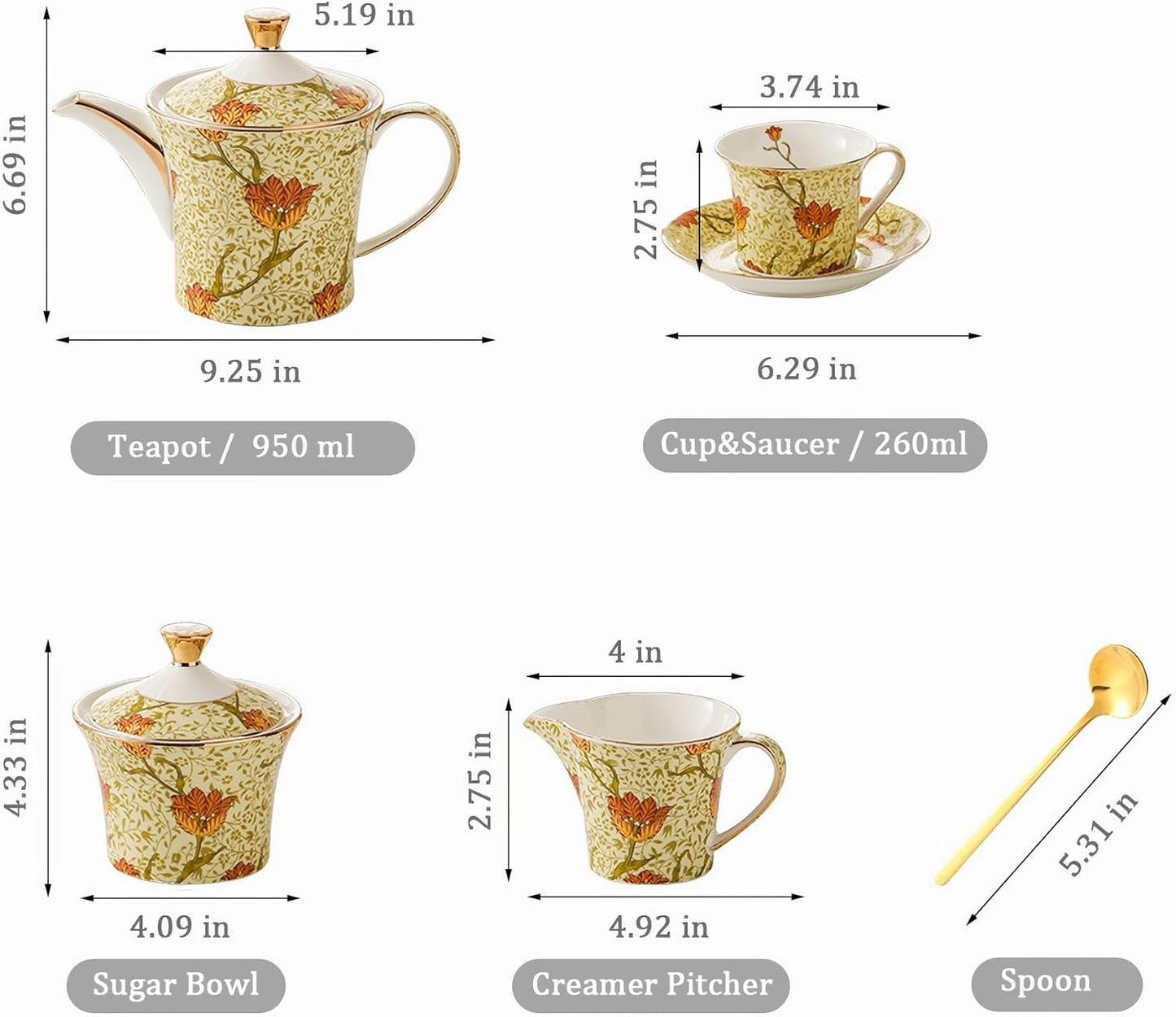 ACMLIFE Tea Set for Adults- Fine China Tea Set for 6, 21-Piece Vintage British Coffee Set English Porcelain Tea Pot Sets for Adult Tea Party for Women Gift (Tulip Yellow, Extra Large 21)