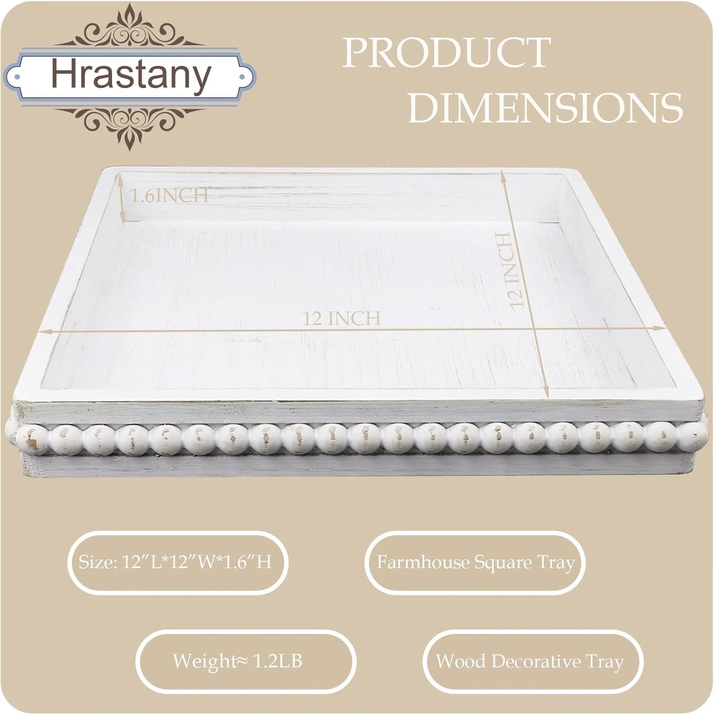 Square Wood Decorative Serving Tray, Rustic Coffee Table Tray for Ottoman,Kitchen Counter Organizer, Bedroom, Home Decor(Whitewashed)