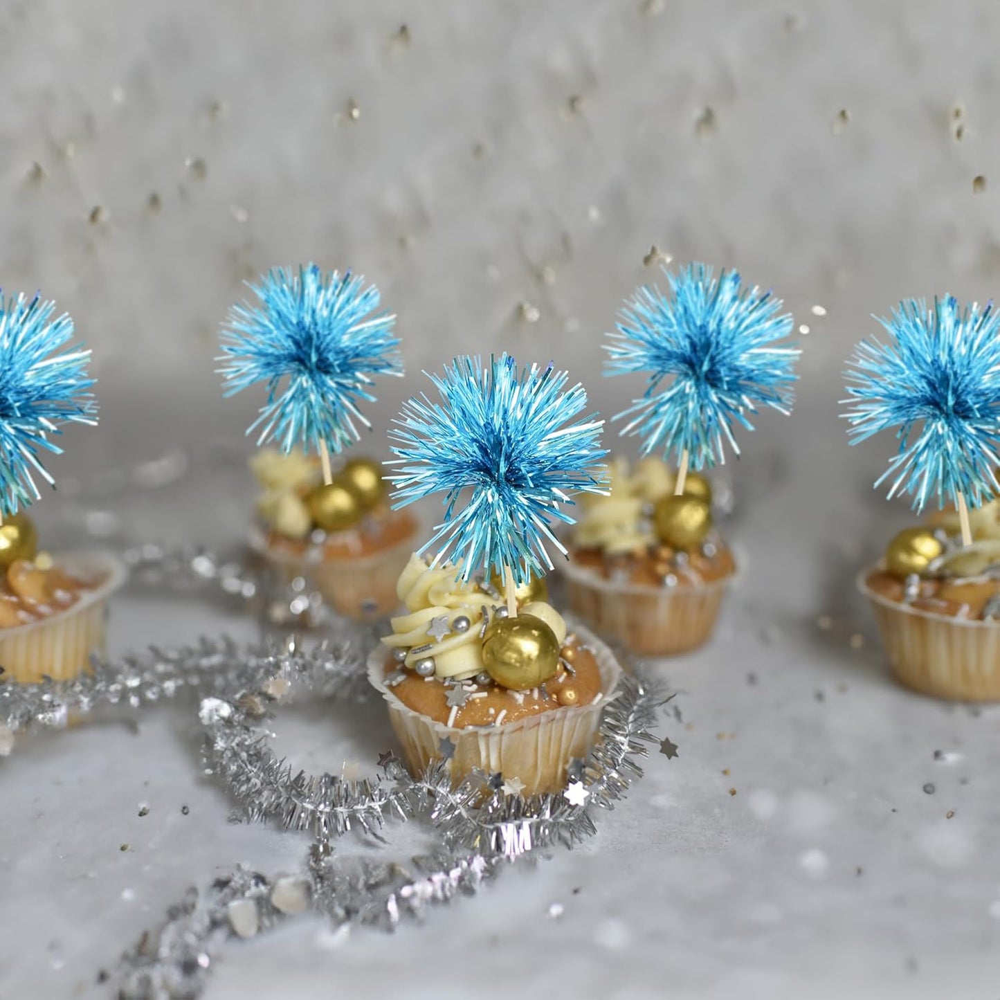 Gyufise 30Pcs Foil Firework Cupcake Toppers Sparkle Tinsel Cake Toppers Tinsel Drink Cake Decoration Cocktail Picks for Birthday Wedding Graduation Party Supplies Lake Blue