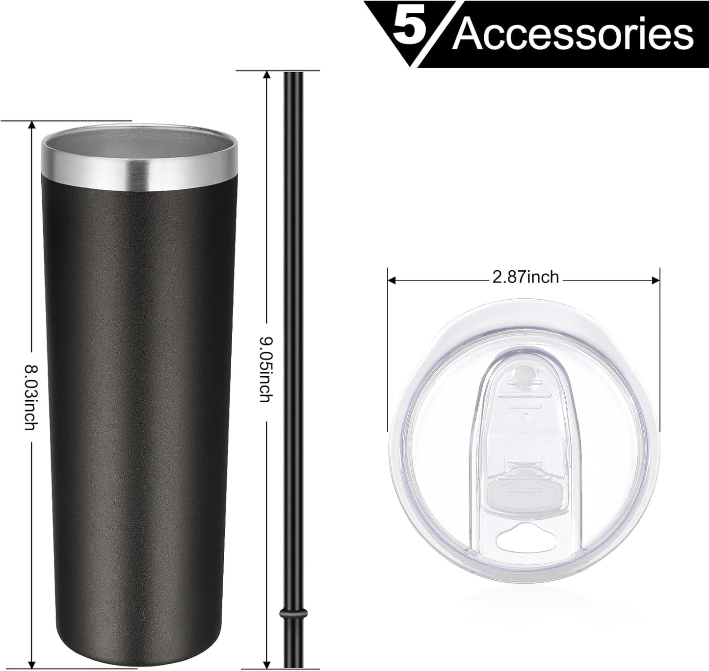 VEGOND Stainless Steel Skinny Tumblers Bulk 12 Pack, 20 oz Vacuum Insulated Tumblers with Lids and Straws, Double Wall Coffee Mug, Travel Water Cup, Matte Black