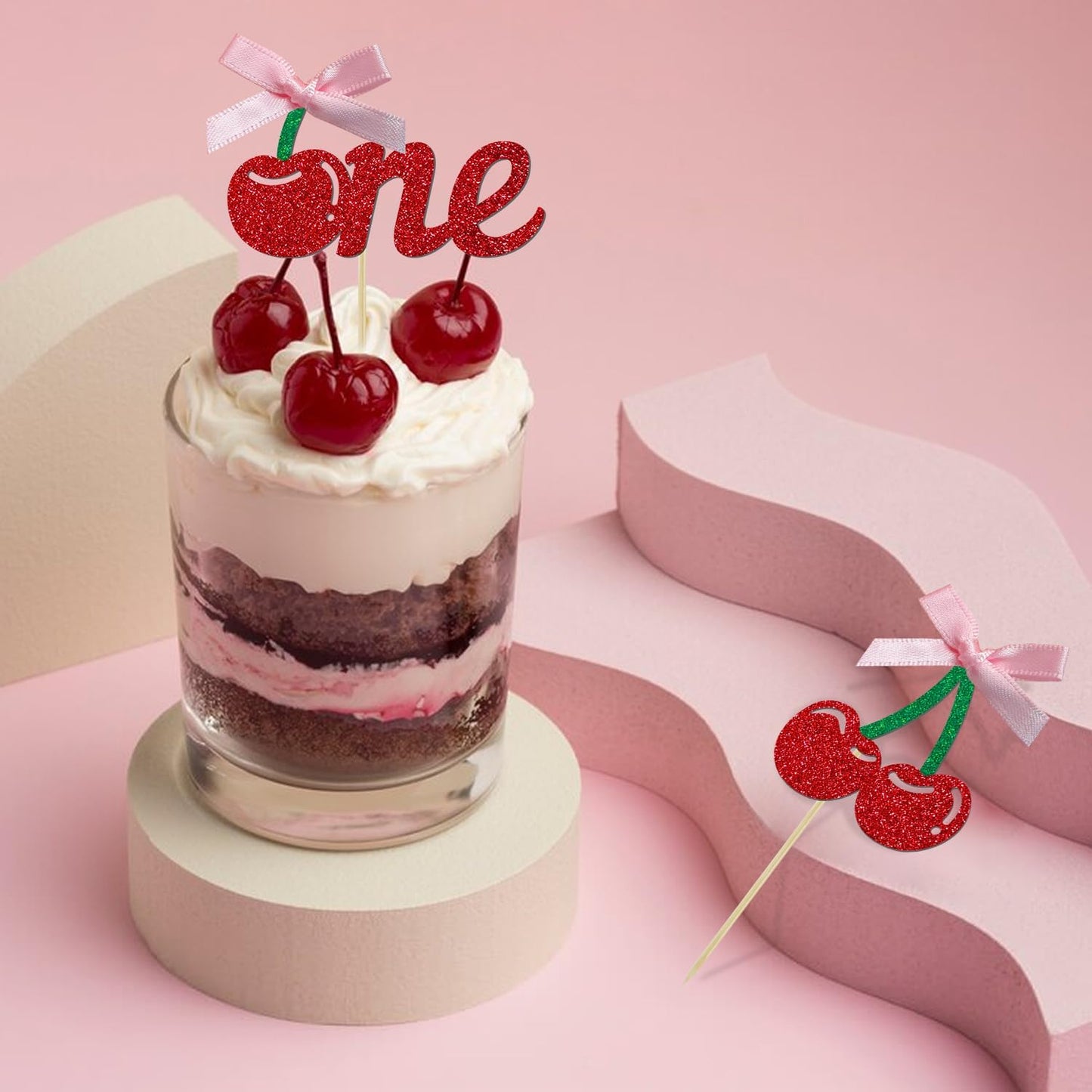 24 Pack Cherry 1st Birthday Cupcake Toppers, Glitter Cherry First Birthday Cake Pick for Fruits Theme One Birthday Party Cake Decorations Supplies (Ribbon One)