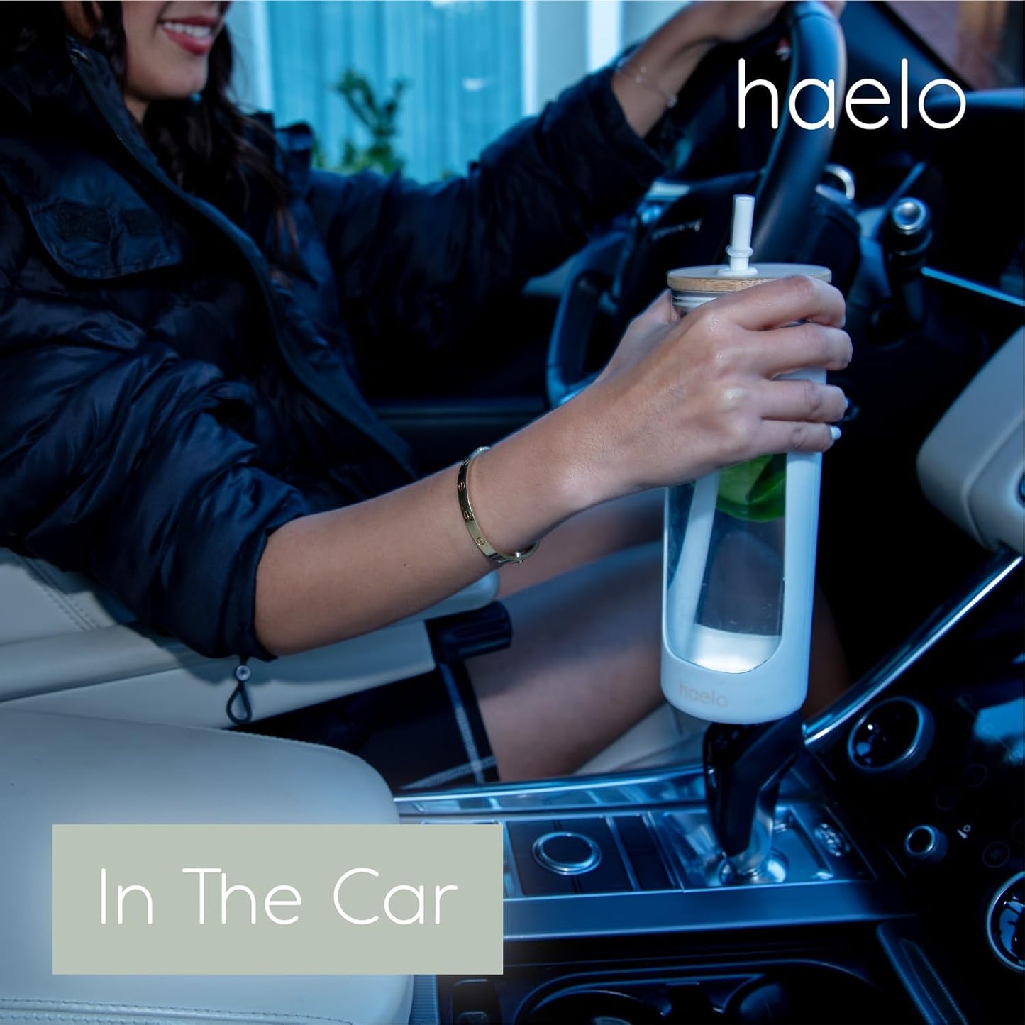 haelo 20oz Glass Tumbler Water Bottle, Iced Coffee Cup with Straw, Silicone Protective Sleeve, Bamboo Lid Reusable BPA Free (White)