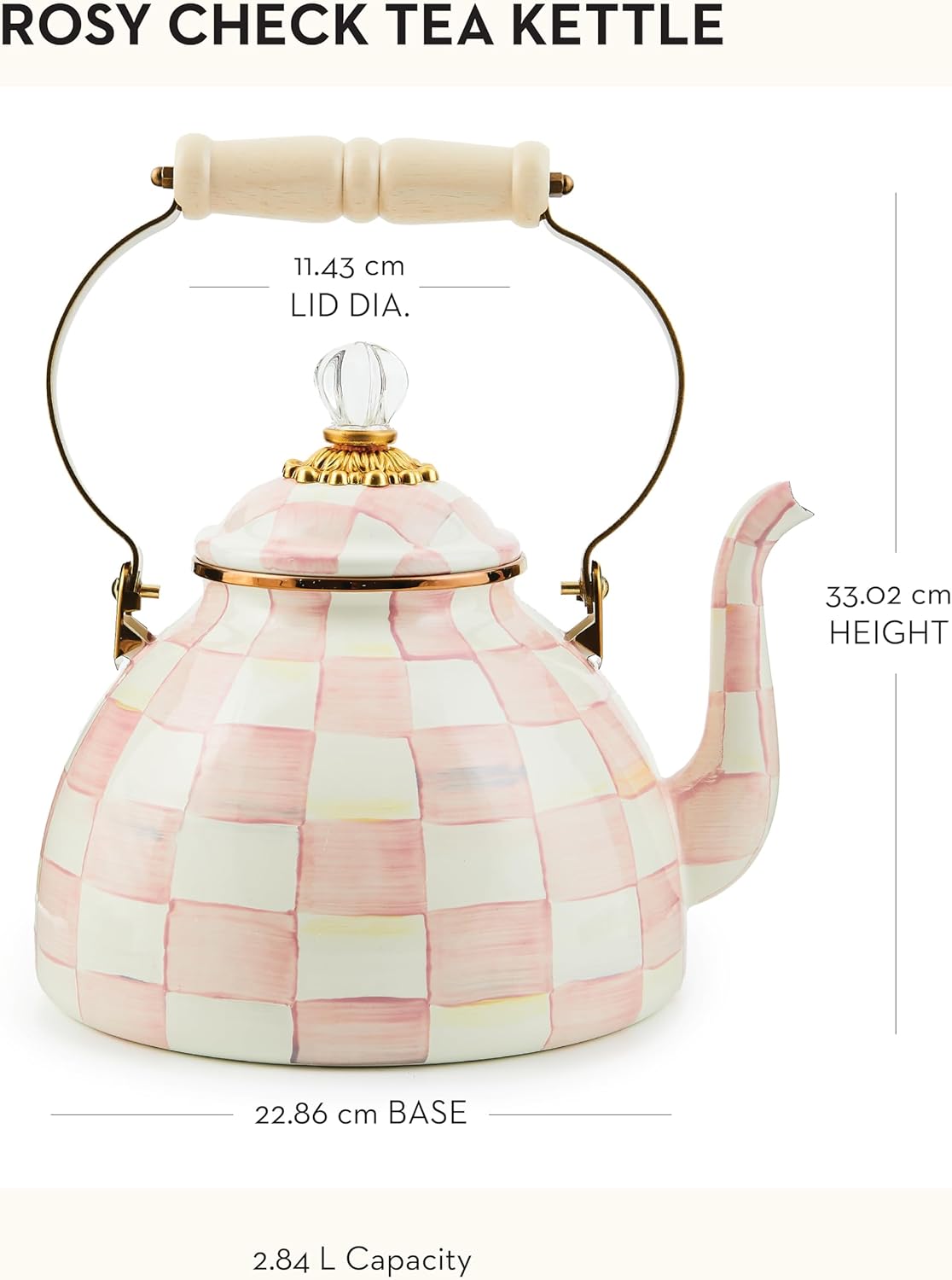 MACKENZIE-CHILDS Enamel Tea Kettle, Stylish Tea Kettle for Stovetop, Pink-and-White Rosy Check, 3 Quarts