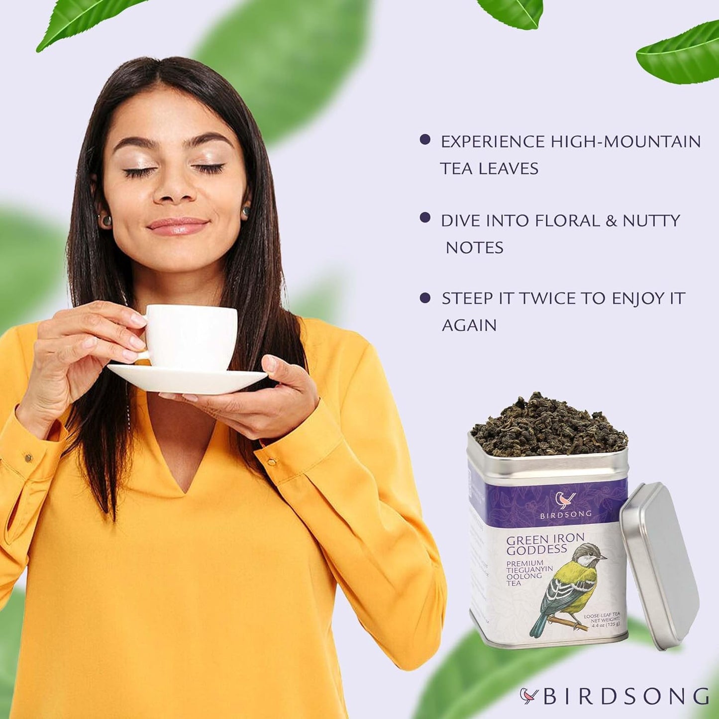 Birdsong Green Iron Goddess: Organic Oolong Tea, light, refreshing, soothing 100% Natural Herbal Tea with Floral and Nutty Taste, Medium Caffeine Alternative to Coffee, Loose Leaf Hot Tea