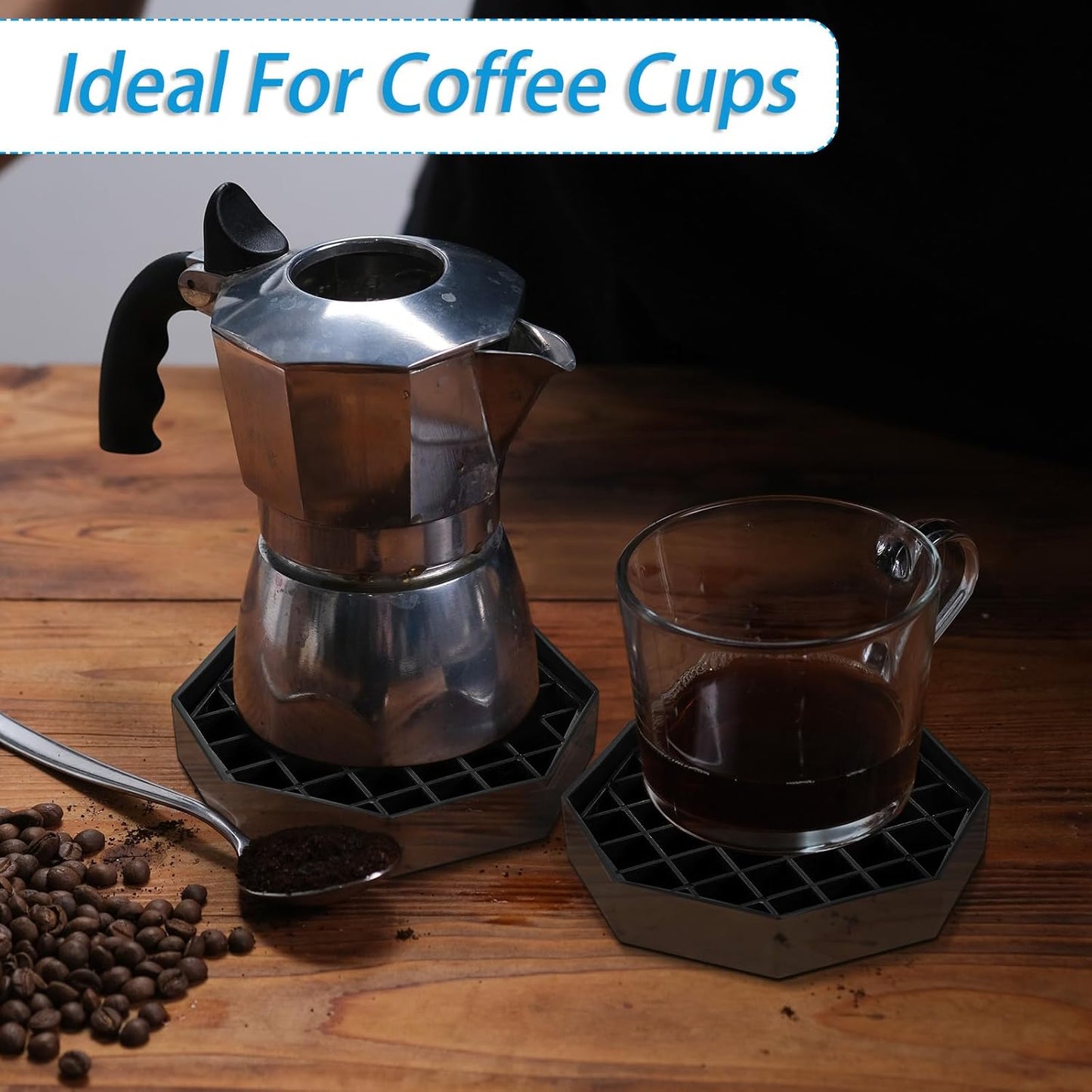 Suclain 4 Pcs 4 Inch Coffee Drip Tray Black Plastic Octagon Coffee Countertop Drip Coaster with Honeycomb Grid for Drink Tea Wine Beverage Dispenser