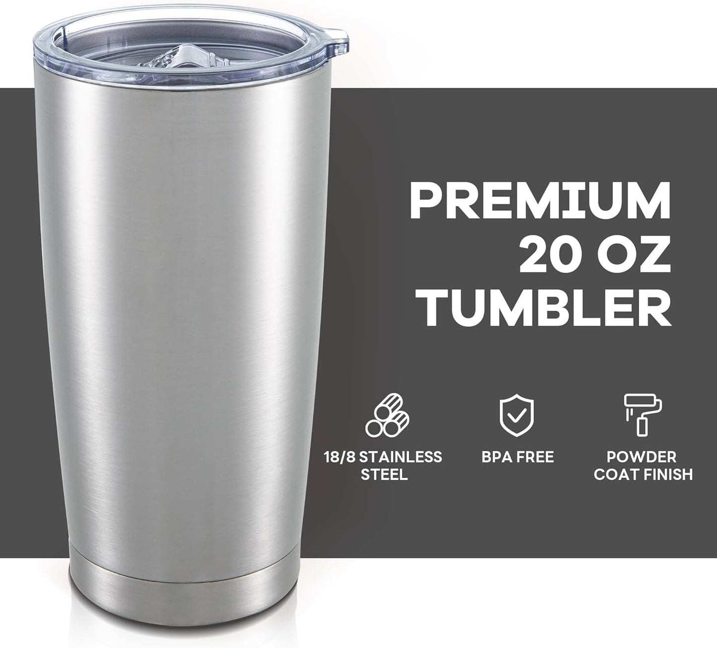 20 oz Tumbler with Lid Stainless Steel Double Wall Vacuum Insulated Tumblers Powder Coated Cups Travel Mug Keep Drinks Cold and Hot, Stainless Steel